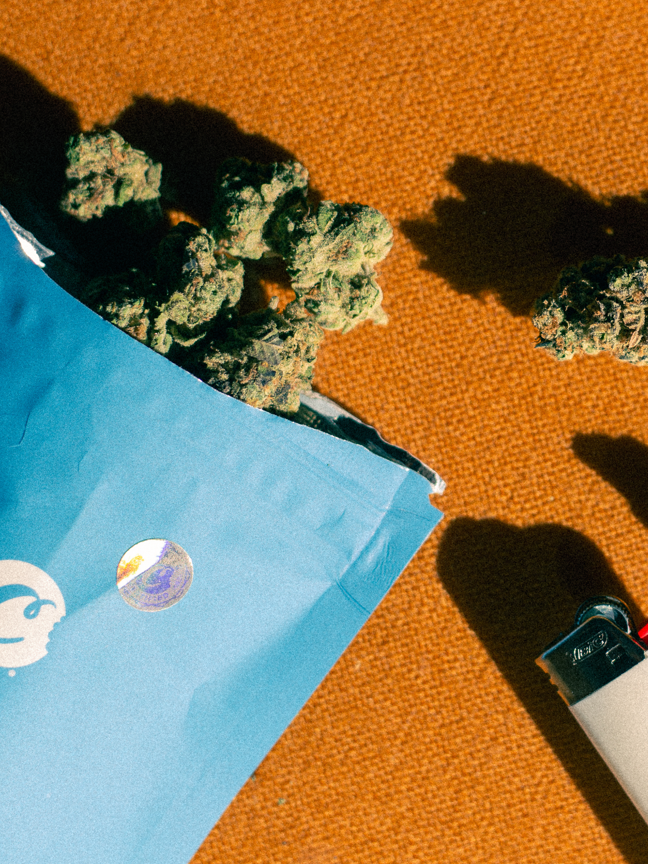 Close-up of cannabis buds on an orange surface with a small section of blue paper and a black and white lighter visible.