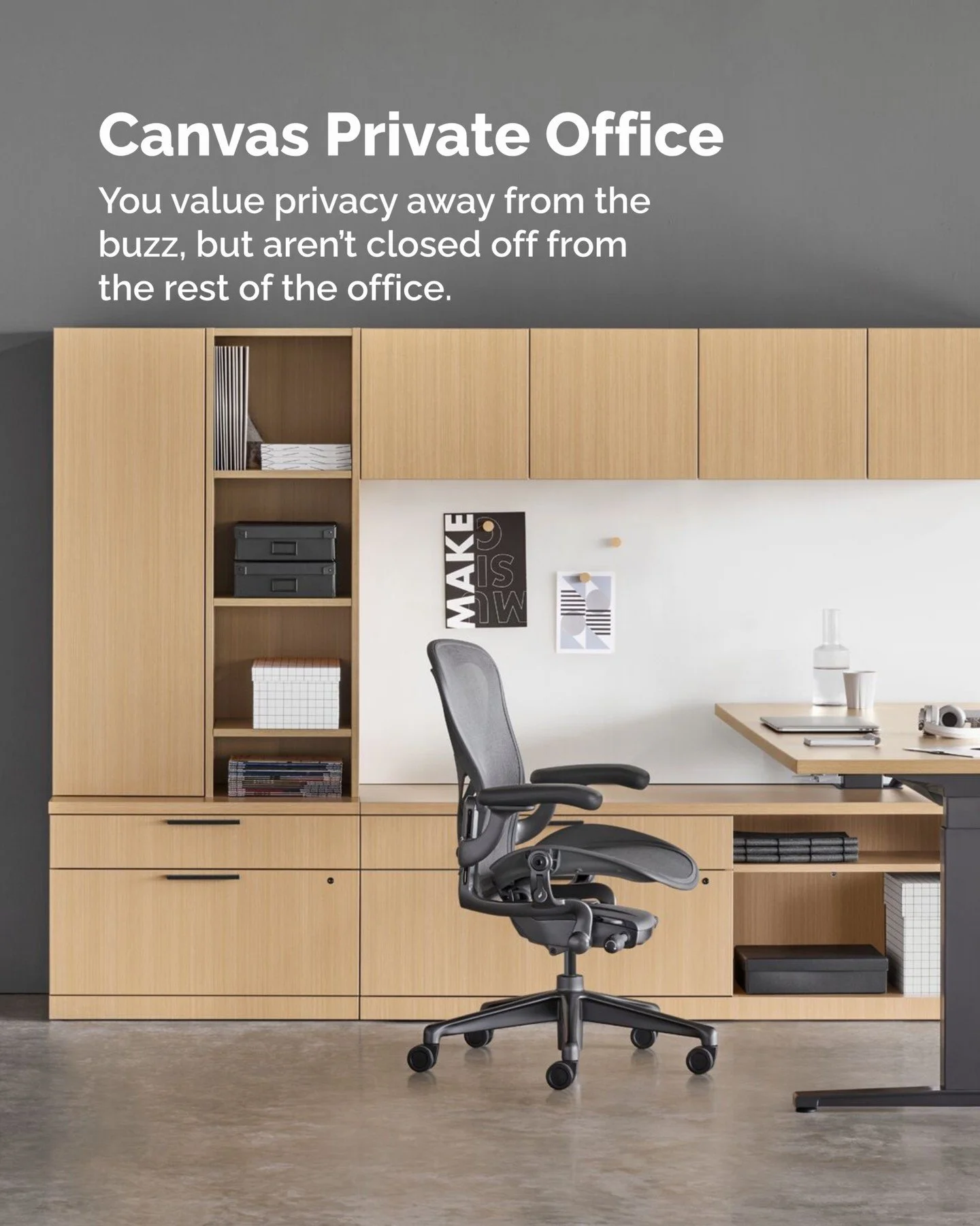 Modern office space with a wooden desk, ergonomic chair, and built-in cabinets with decor and office supplies.