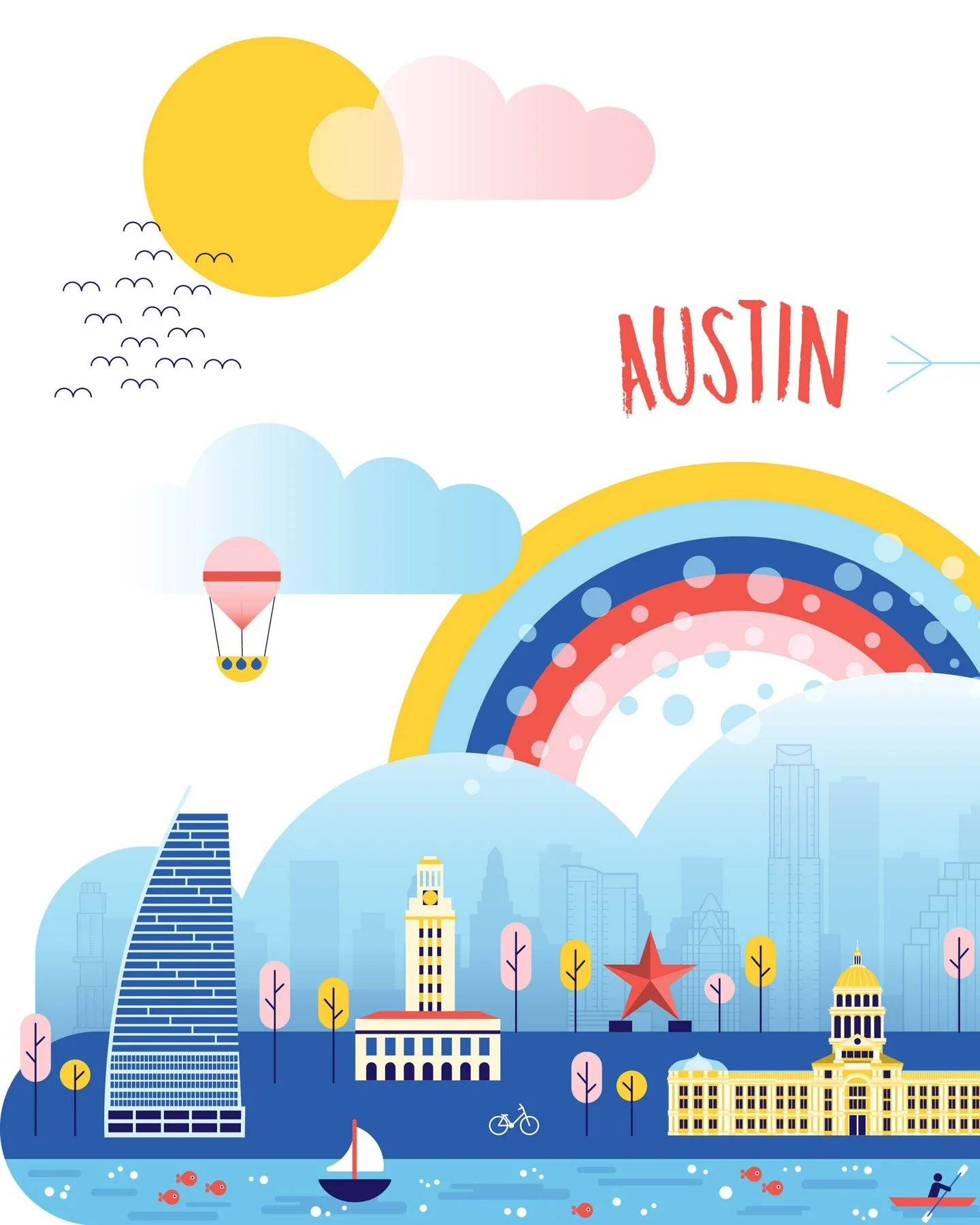 A colorful illustrated cityscape of Austin, Texas, with a blue skyline, iconic buildings, a rainbow, trees, lakes, birds, a hot air balloon, a boat, a person kayaking, and the word 'AUSTIN' in red text.