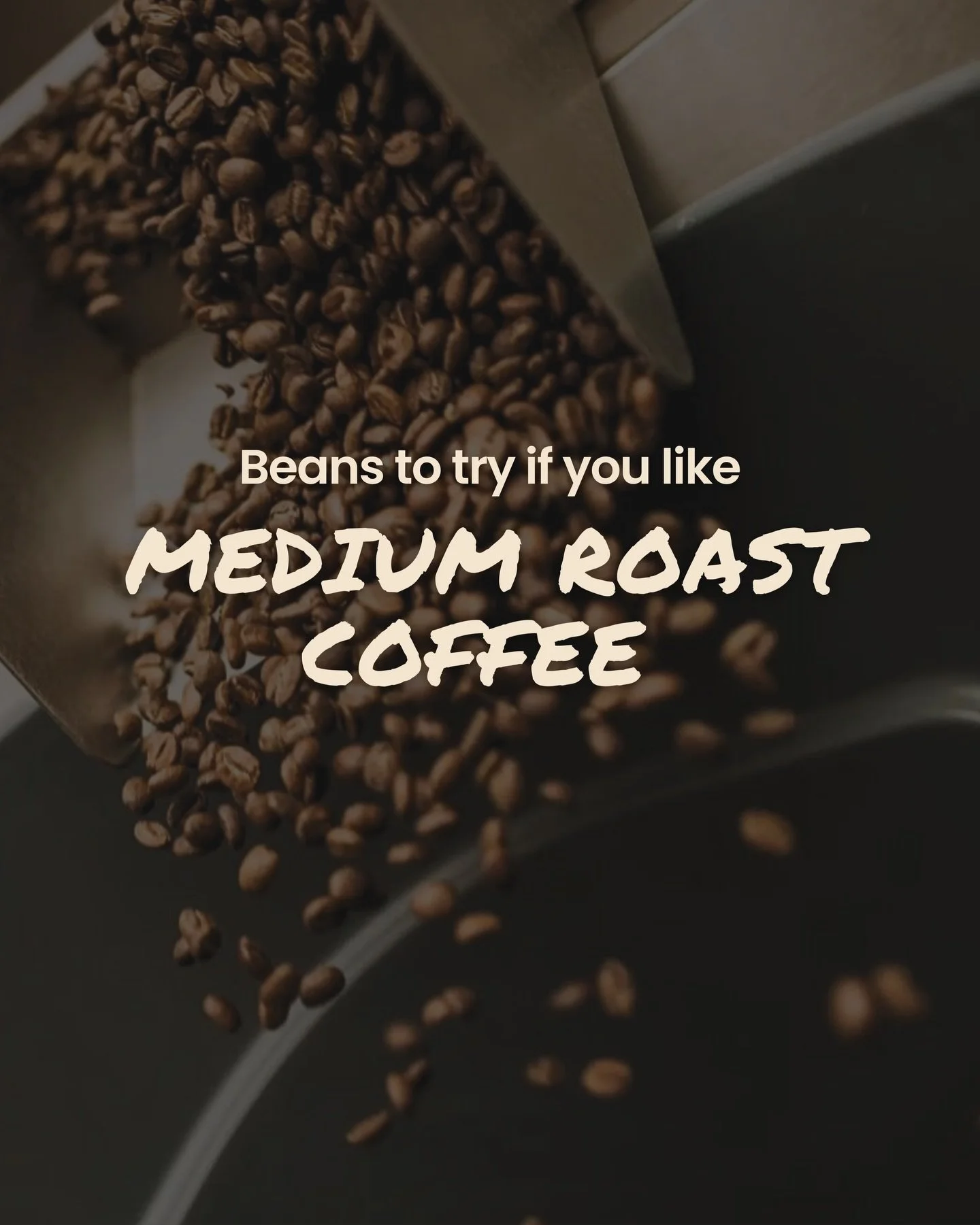 Close-up of coffee beans falling from a scoop, with overlaid text that reads, 'Beans to try if you like medium roast coffee'.