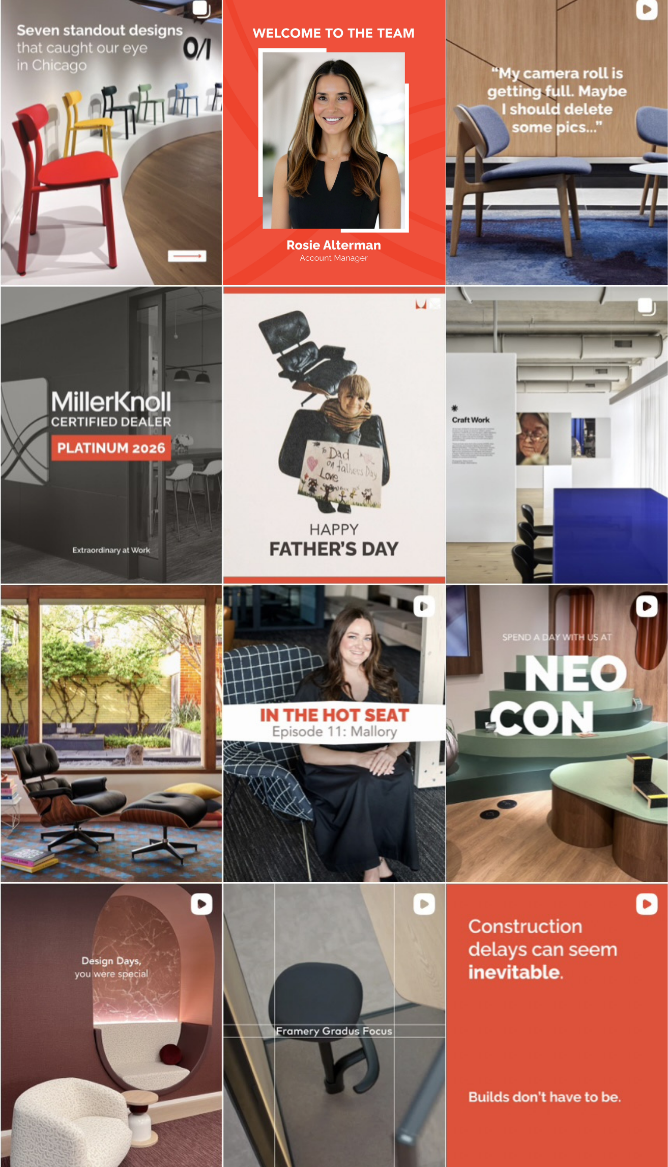 A collage of images showcasing modern interior furniture and design, including chairs, tables, and decor, with various text overlays about design and furniture, and a central portrait of a smiling woman labeled Rosie Alterman, Account Manager.