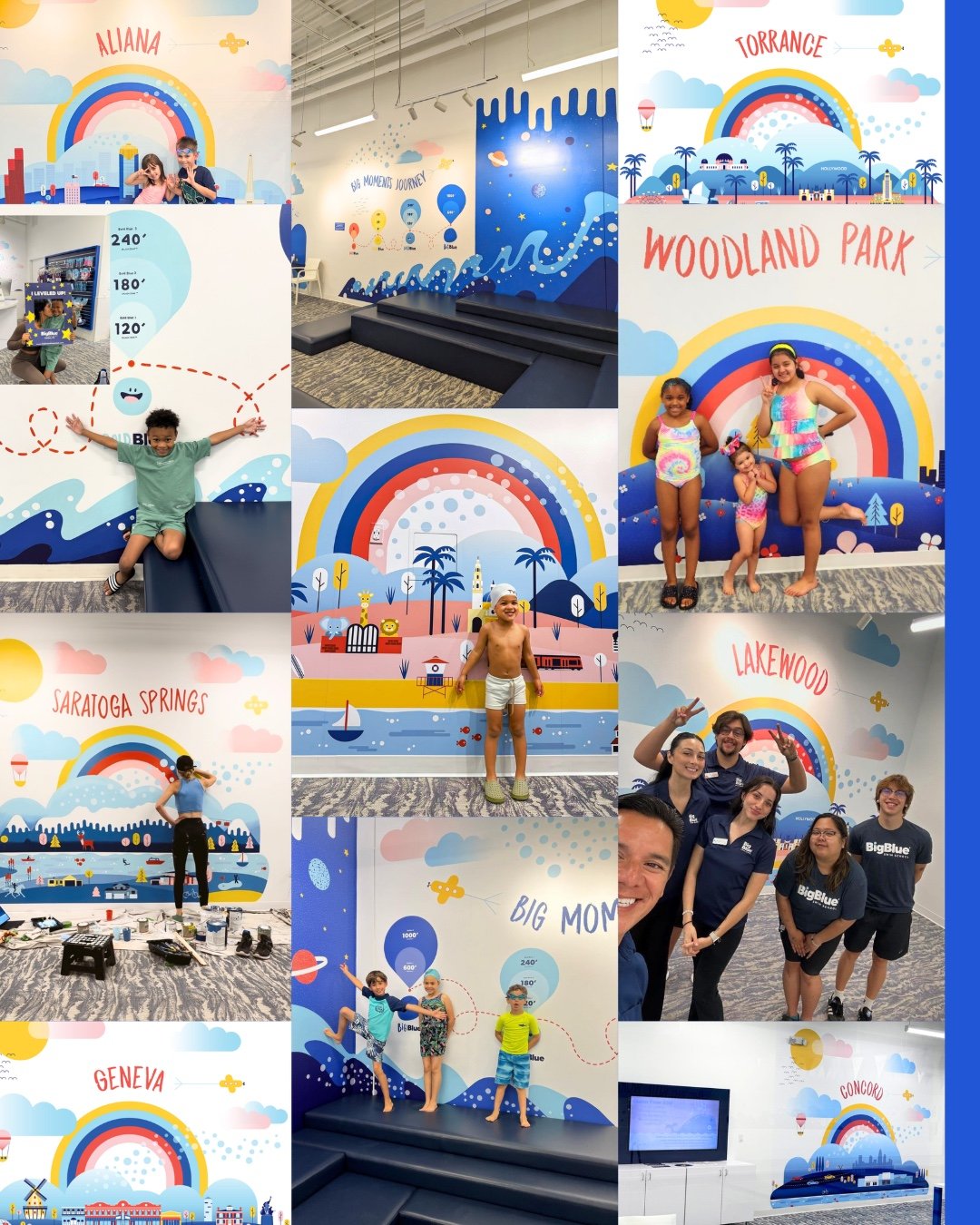 Children and adults at a colorful indoor space with murals of rainbows, clouds, and cityscapes representing various locations like Woodland Park, Lakewood, Saratoga Springs, Geneva, and Concord, with some children posing in front of the murals and others seated or standing.