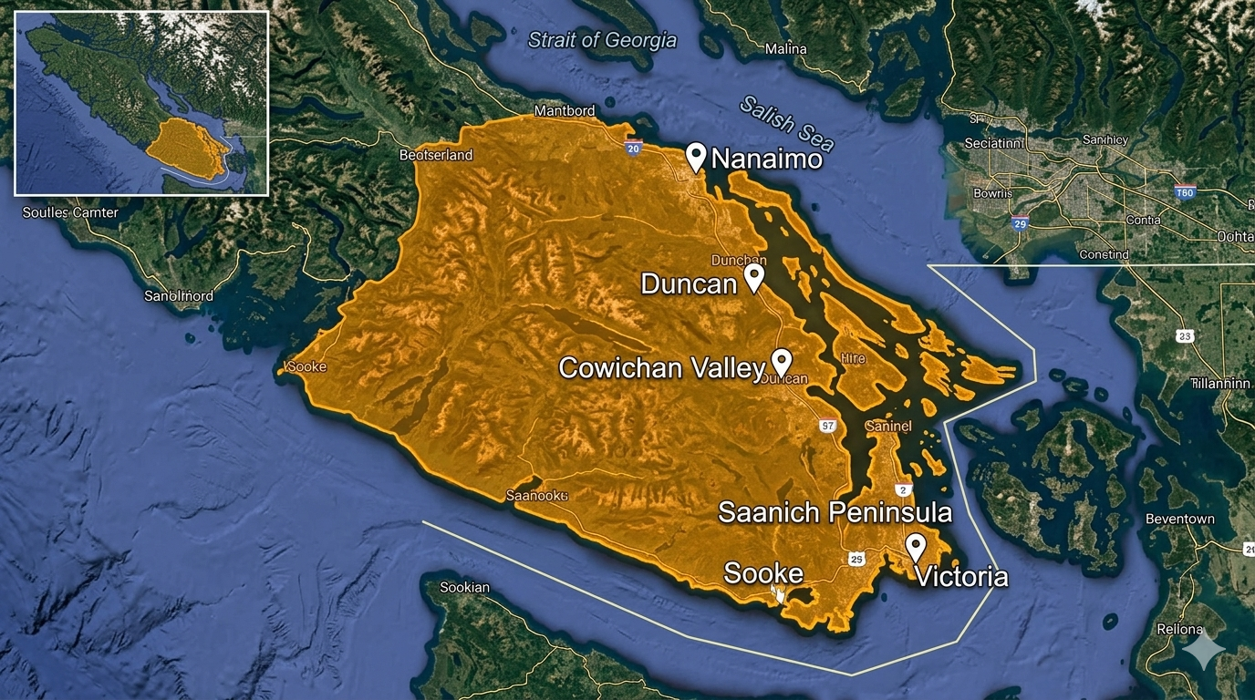 Map of the area we service: all of Vancouver Island south of Nanaimo and the Southern Gulf Islands