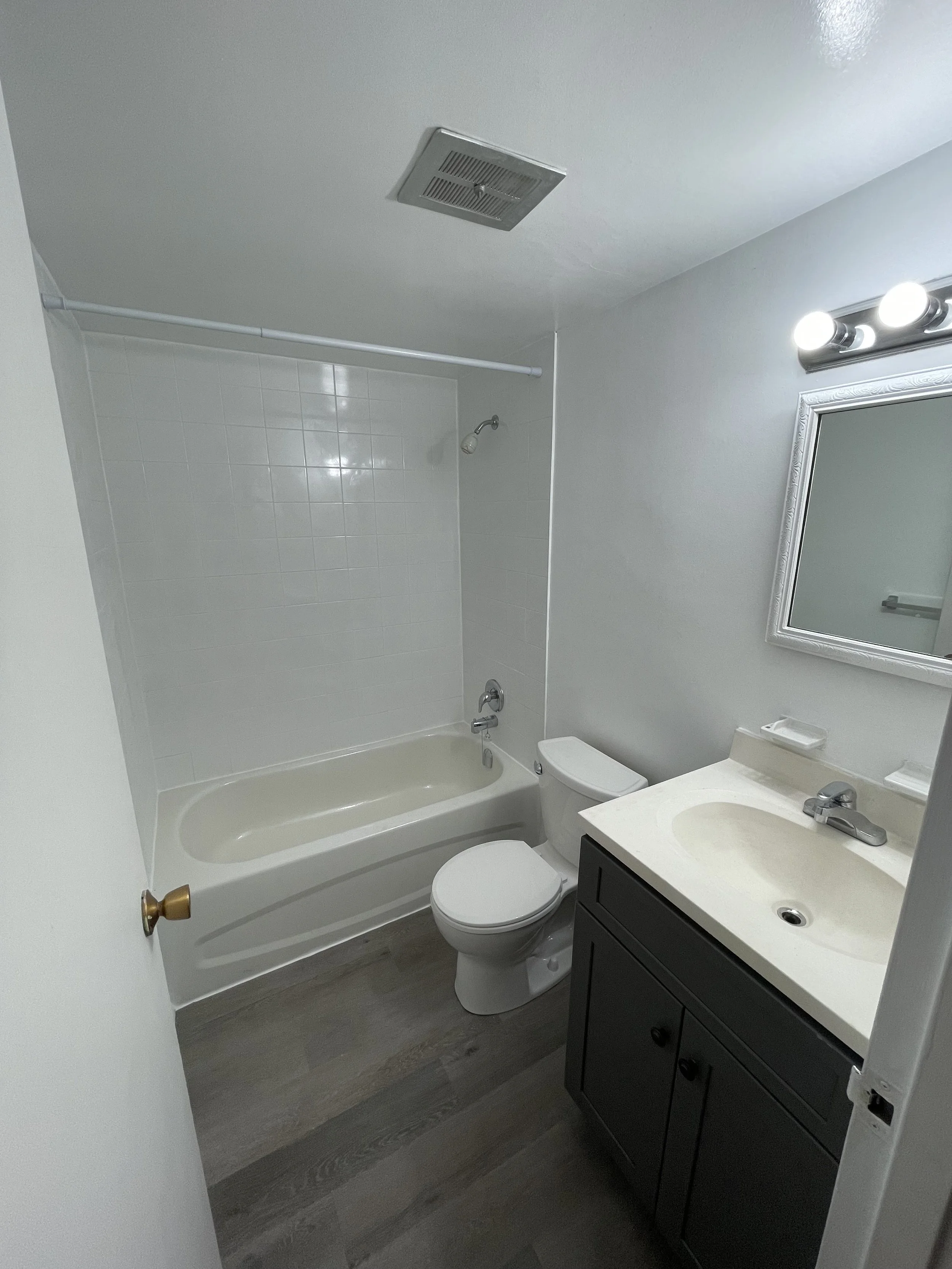 Small bathroom with a bathtub, toilet, and vanity with sink and mirror, gray cabinets, white walls, and wood-like flooring.