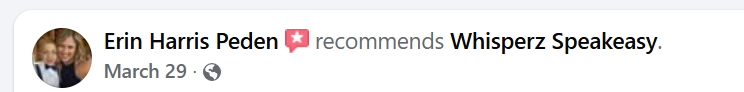 Facebook post recommending Whisperz Speakeasy