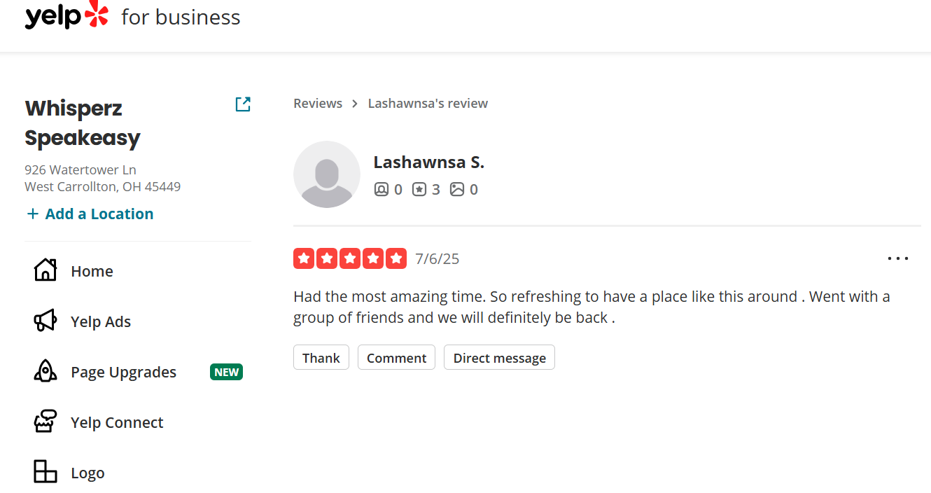 Yelp review page for Lashawna S. with five-star rating, review date 7/6/25, positive feedback about having a great time with friends at Whisperz Speakeasy located at 926 Watertower Ln, West Carrollton, OH 45449.