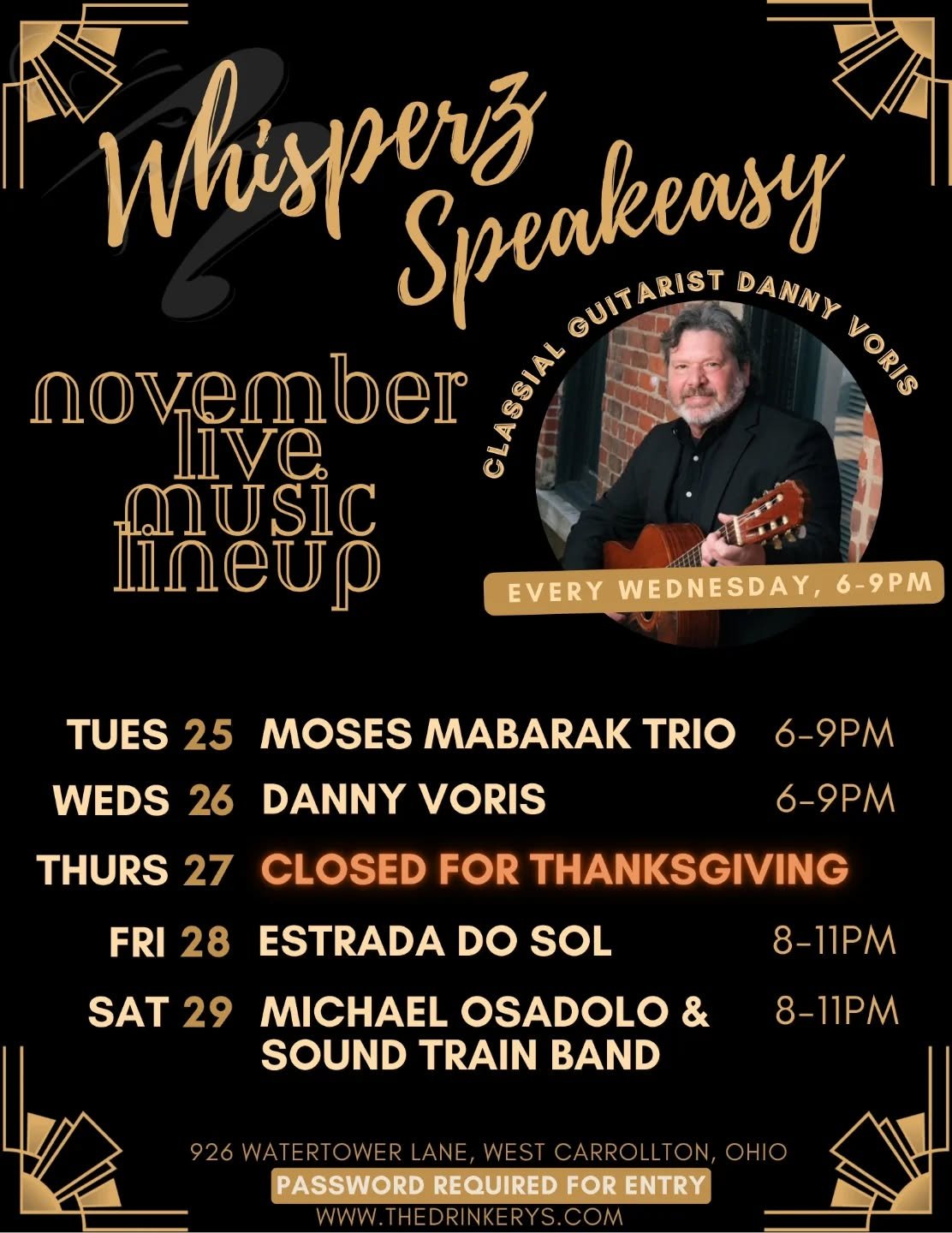 &bull;&bull;Catch the rest of our FREE live music line up for November this week at Whisperz Speakeasy! We don't have a cover charge but we do require the password for entry! Find it on our website, updated weekly before we open on Tuesday!&bull;&bul