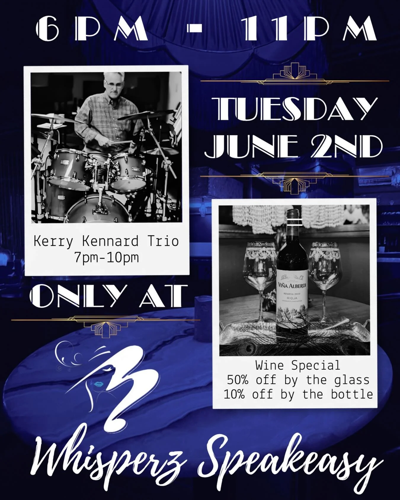 🔹KERRY KENNARD TRIO  X  WINE NIGHT🔹Join us Tuesday night, June 2nd, as we welcome the Kerry Kennard Trio back to the Whisperz Speakeasy stage!  Tom Bresnick will perform on Bass and Dave Cousino will serenade on the Guitar.  They&rsquo;ll perform f