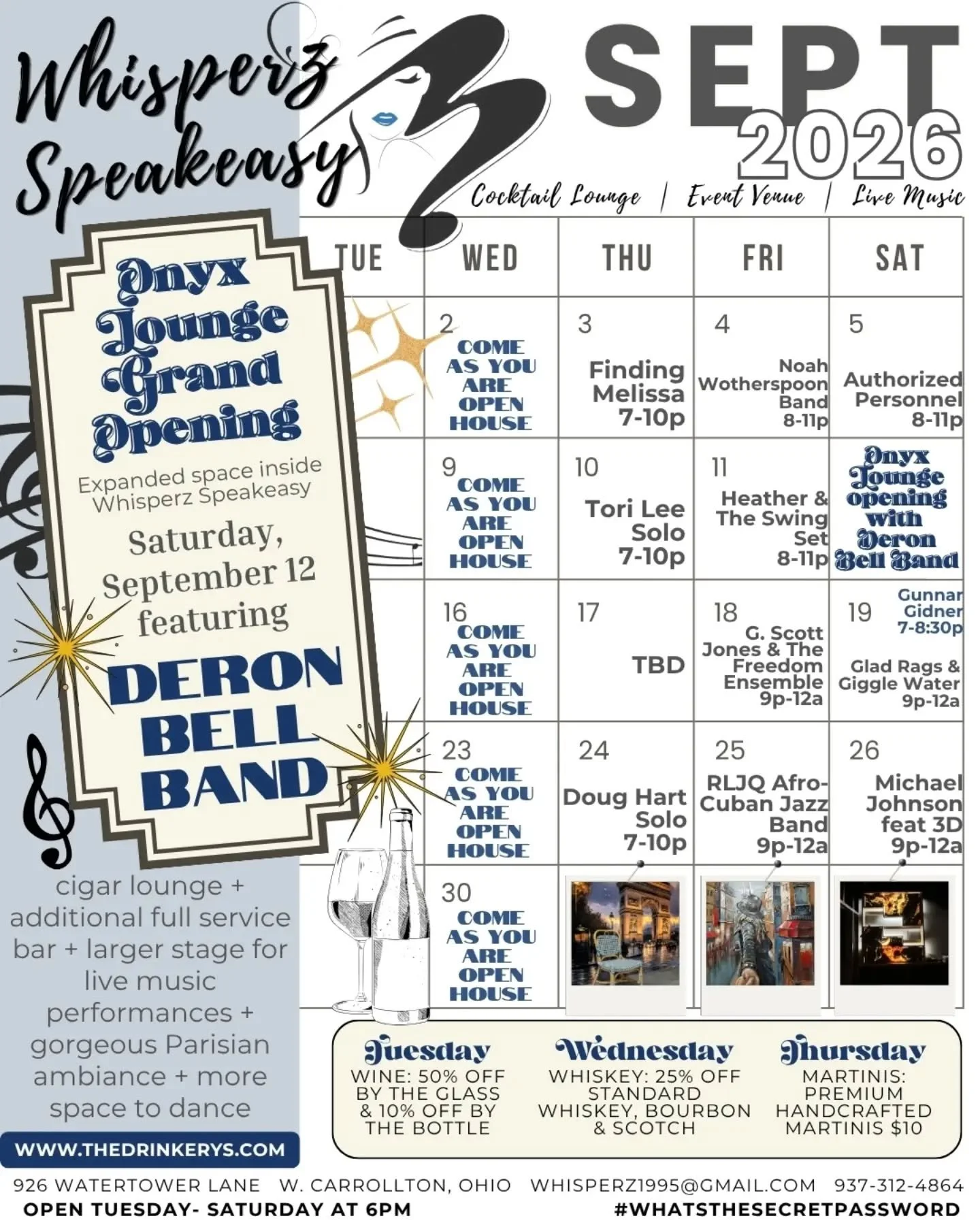 🔹🔹September Calendar at Whisperz Speakeasy + Onyx Lounge Grand Opening: Expanded space inside Whisperz with new, bigger stage!🔹🔹
🎉👯&zwj;♂️We are super excited to announce the opening of the Onyx Lounge, an expanded space inside Whisperz Speakea
