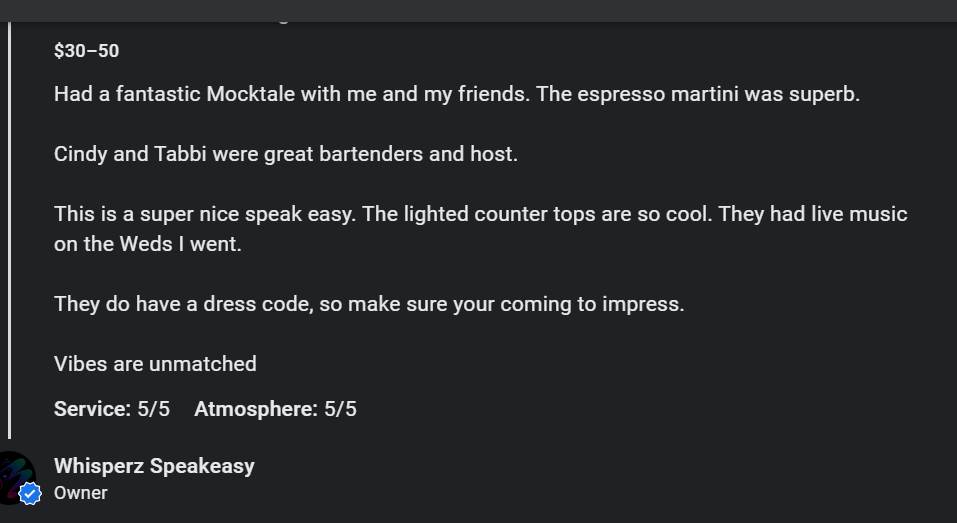 Screenshot of a positive review message from Whisperz Speakeasy, detailing a visit with comments on cocktails, bartenders, music, dress code, and overall experience, including service and atmosphere ratings.