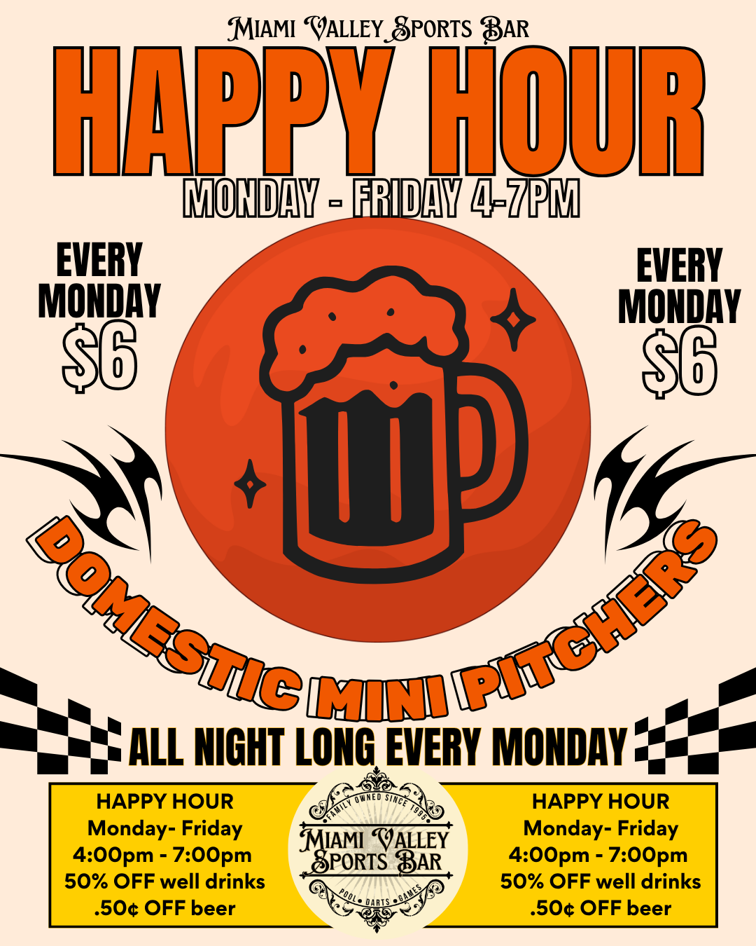 $6 Domestic Mini Pitchers Mondays at Miami Valley Sports Bar