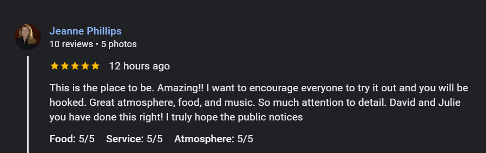 Great reviews for Whisperz Speakeasy - everyone loves the place's atmosphere, food, and music.