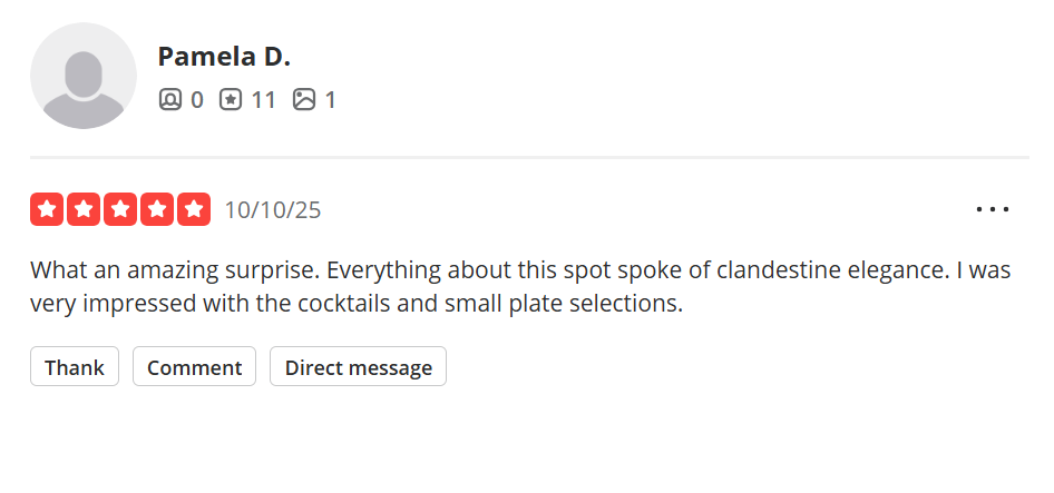 Whisperz Speakeasy  star Yelp Review with positive comments about the ambiance, cocktails, and small plates.