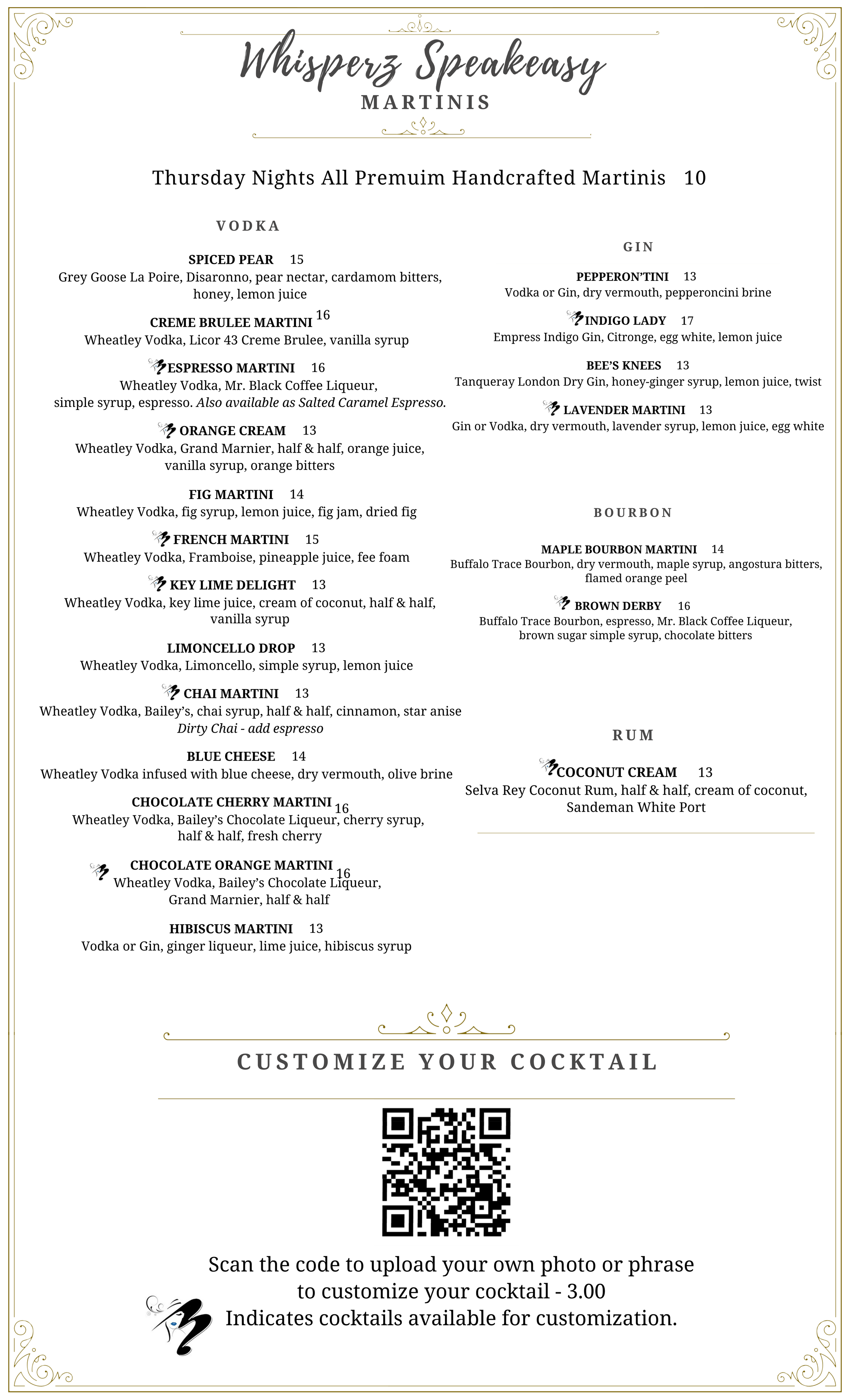 Whisperz Speakeasy Martini Menu