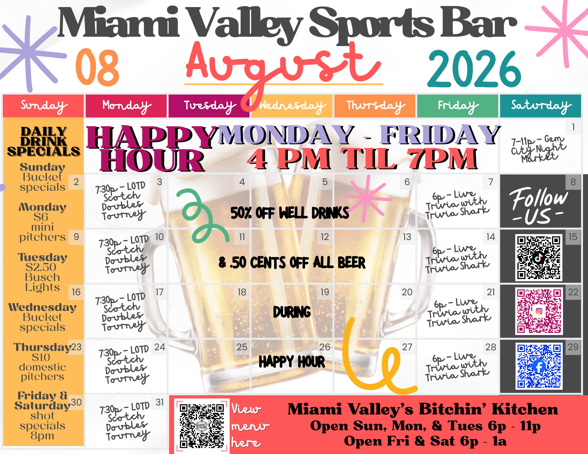 A calendar for Miami Valley Sports Bar in August 2026 featuring daily specials, happy hour hours, and events, with decorative stars and images of beers in the background.