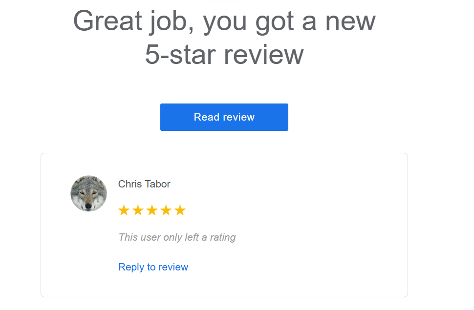 A screen displays a message congratulating Whisperz Speakeasy for receiving a 5-star Google review from Chris Tabor.