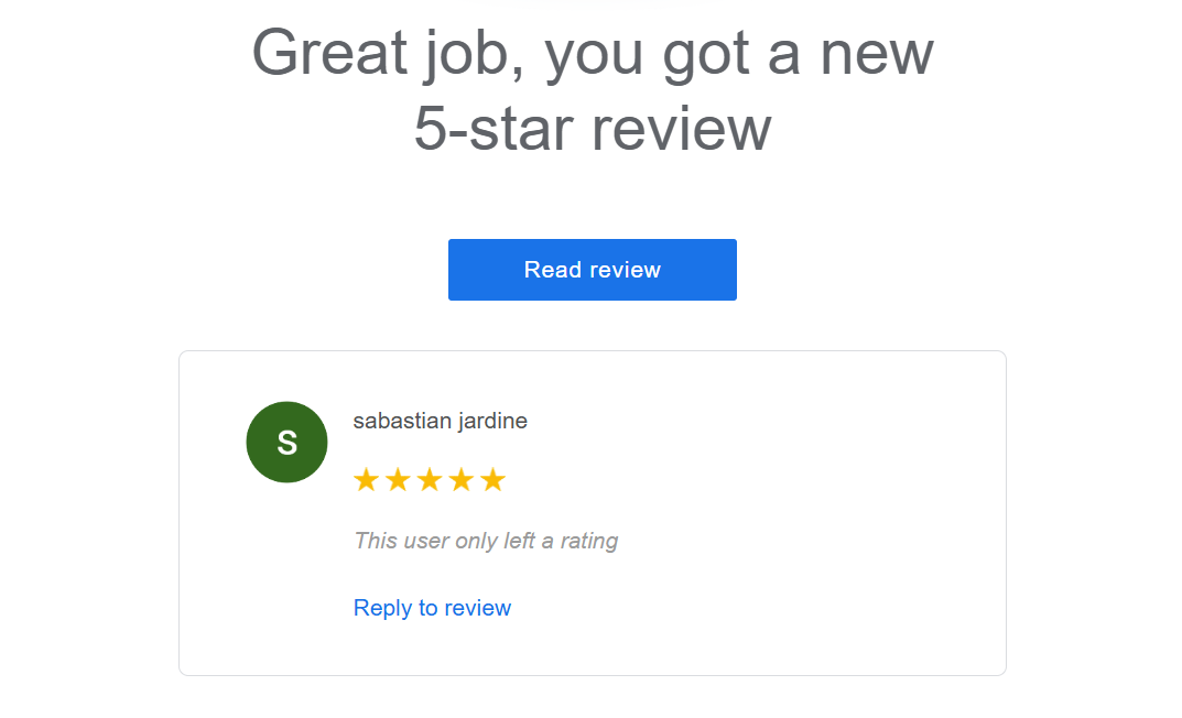 Online review confirmation with a 5-star rating from user 'sabastian jardine' for Whisperz Speakeasy.