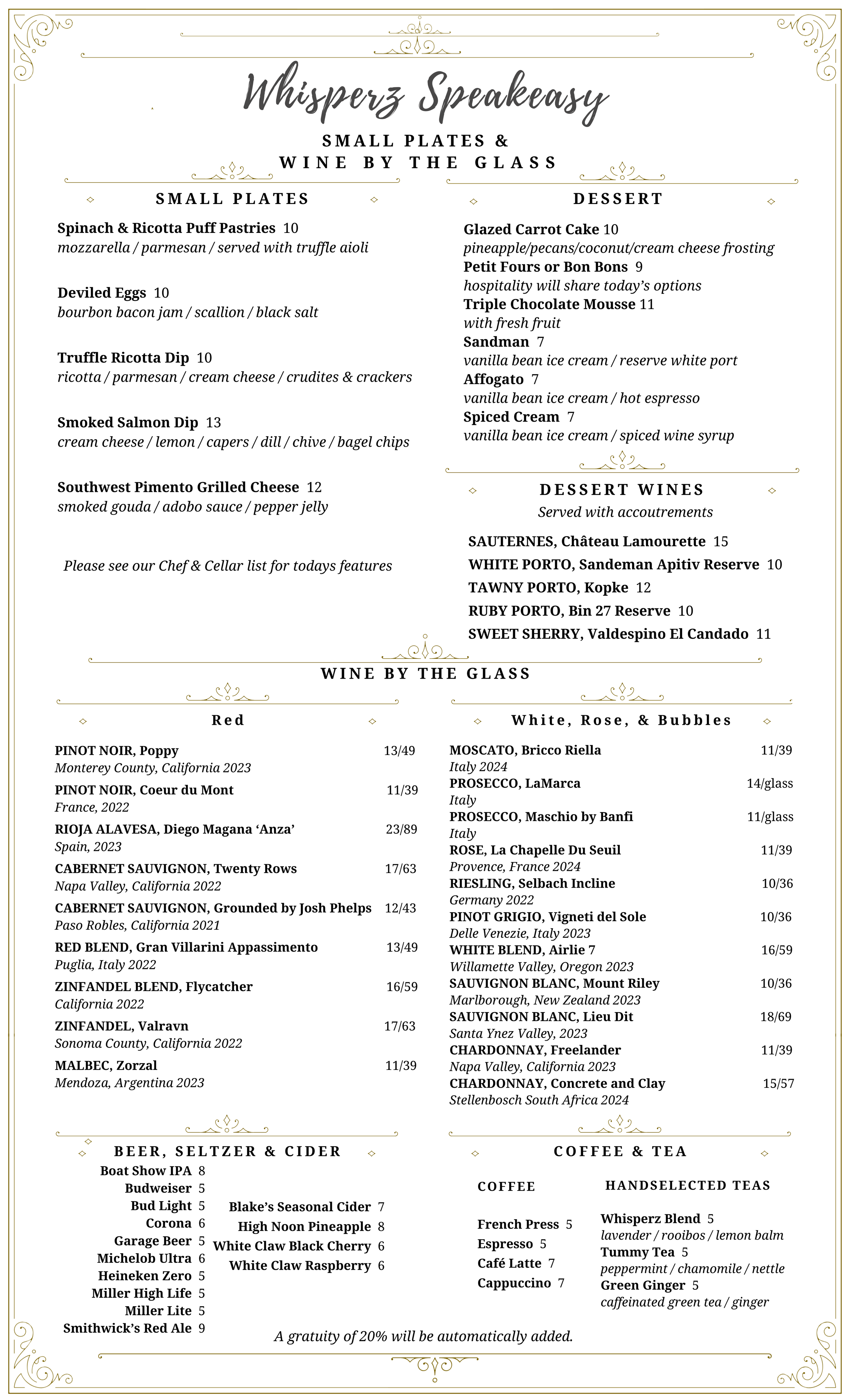 Whisperz Speakeasy Signature Menu