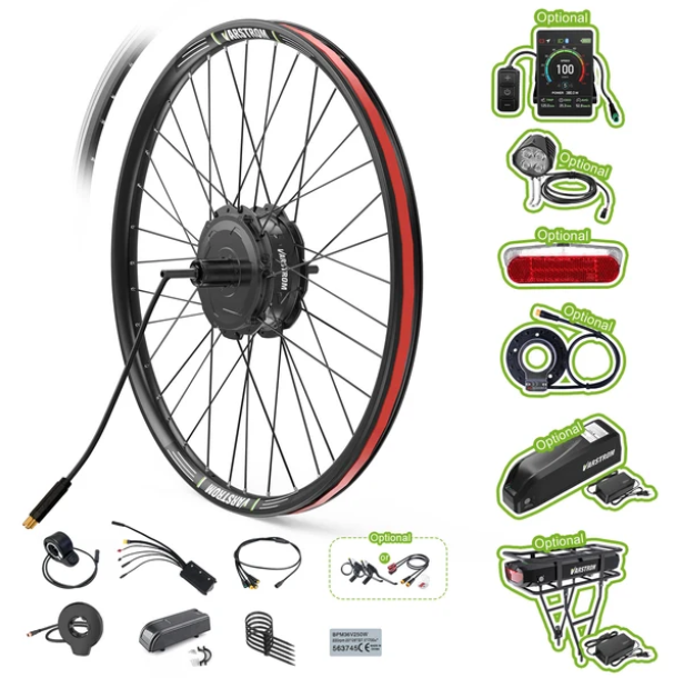 Electric bike wheel with various optional components for e-bike conversion, including a display, controller, rear light, motor, charger, and mounting accessories.