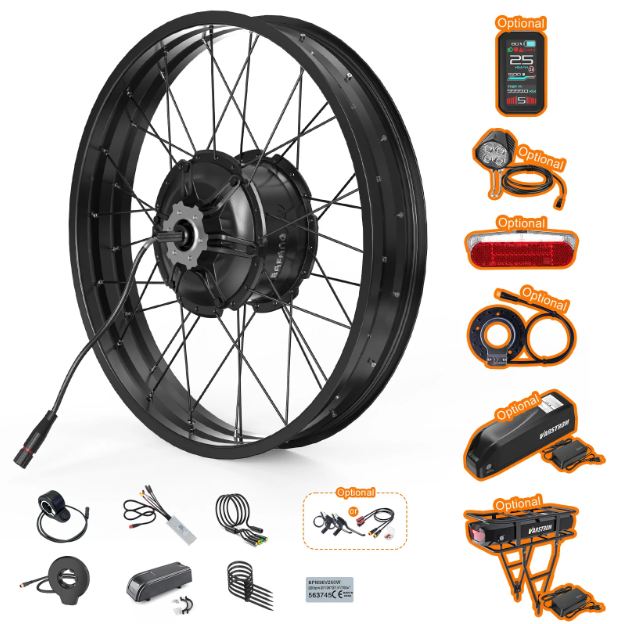 Electric bike wheel kit with various optional accessories including a display panel, light, reflector, motor controller, battery, wiring, and tools for installation.