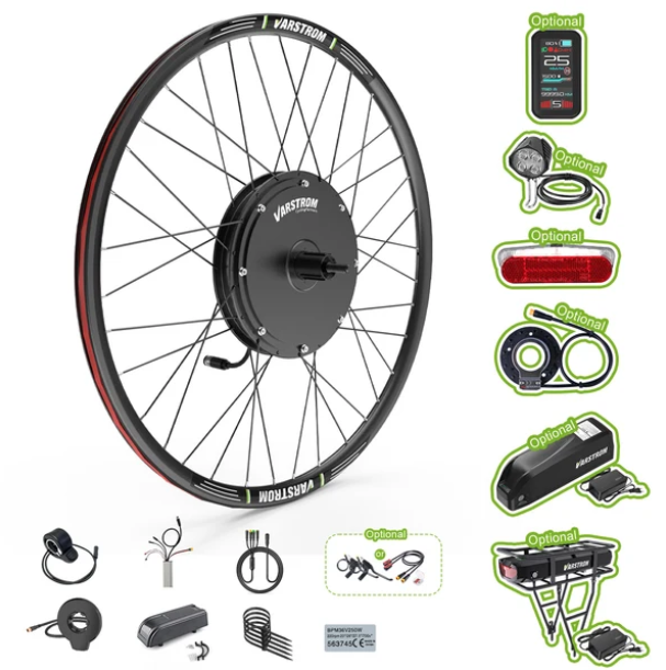 Electric bicycle wheel kit with motor and battery included, plus optional accessories such as a display panel, cables, lights, controller, mounting rack, and installation tools.