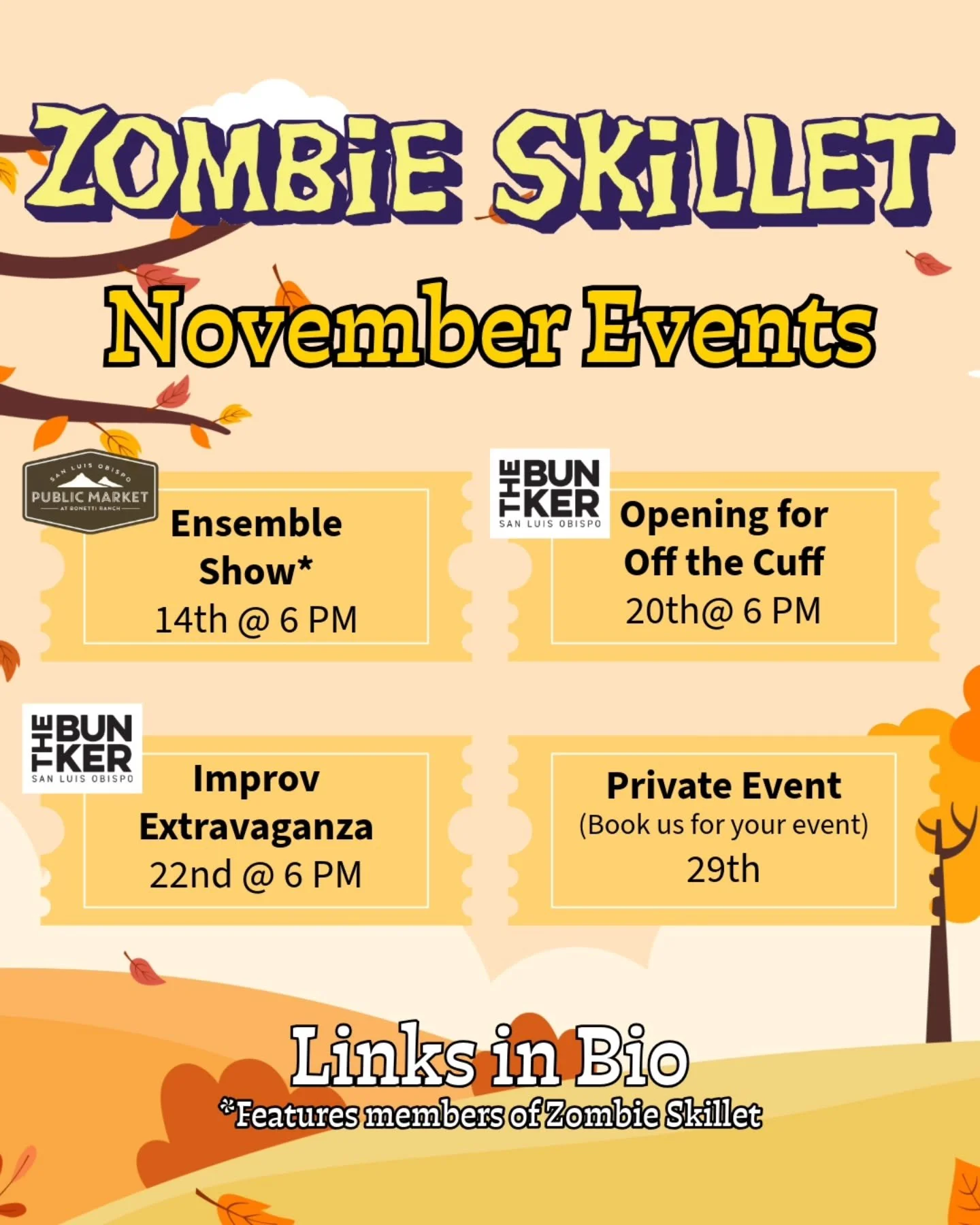 ​Don't just survive November when you can laugh through it! 😂 

Our latest dates are here. Come see Zombie Skillet!