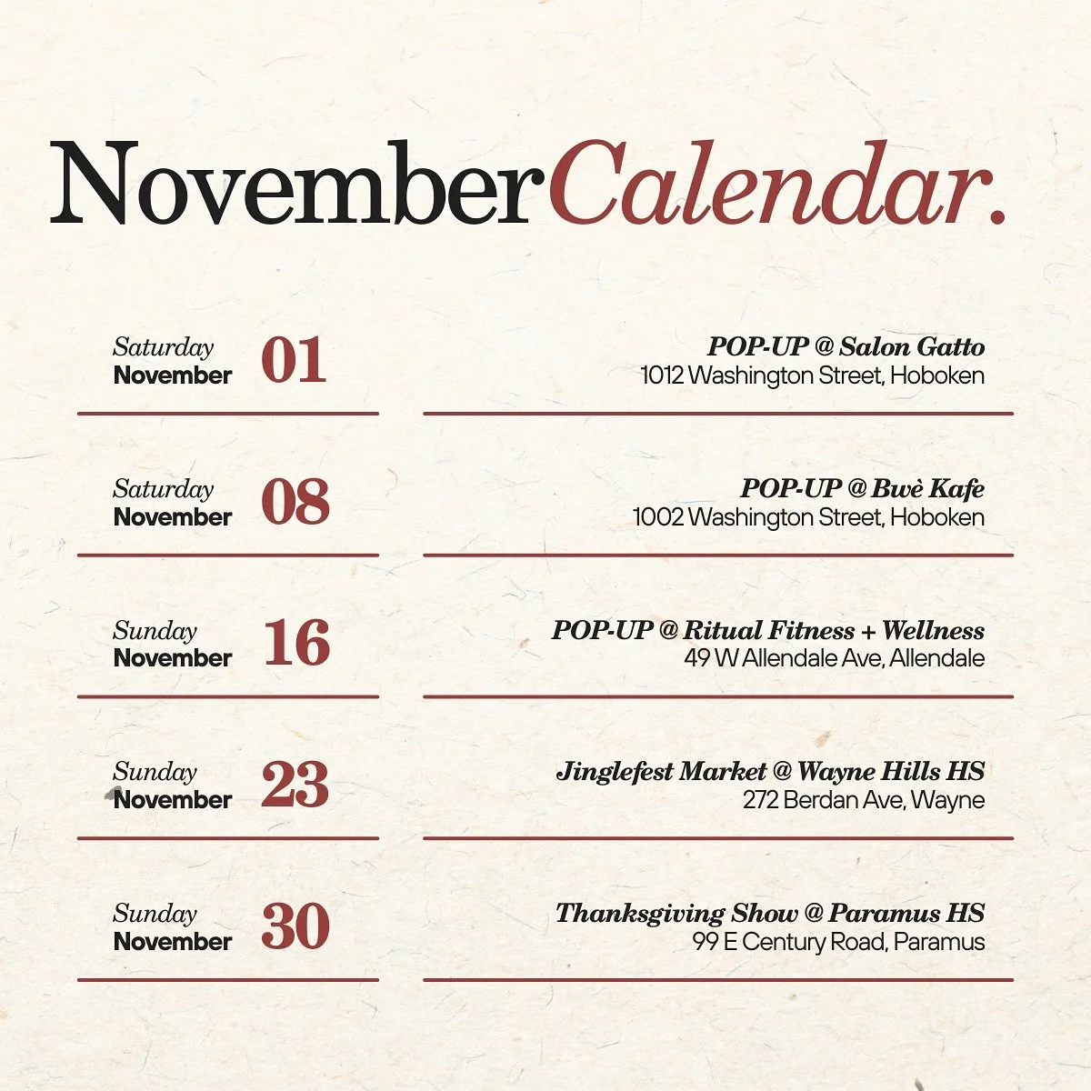 booked &amp; busy 📈

🍷 come visit us at any of the 5 locations we&rsquo;ll be at in November ! we&rsquo;re so excited to be bouncing around NJ next month 

more details to come for each event!

#hoboken #popup #november #fall #charmer #createyourow