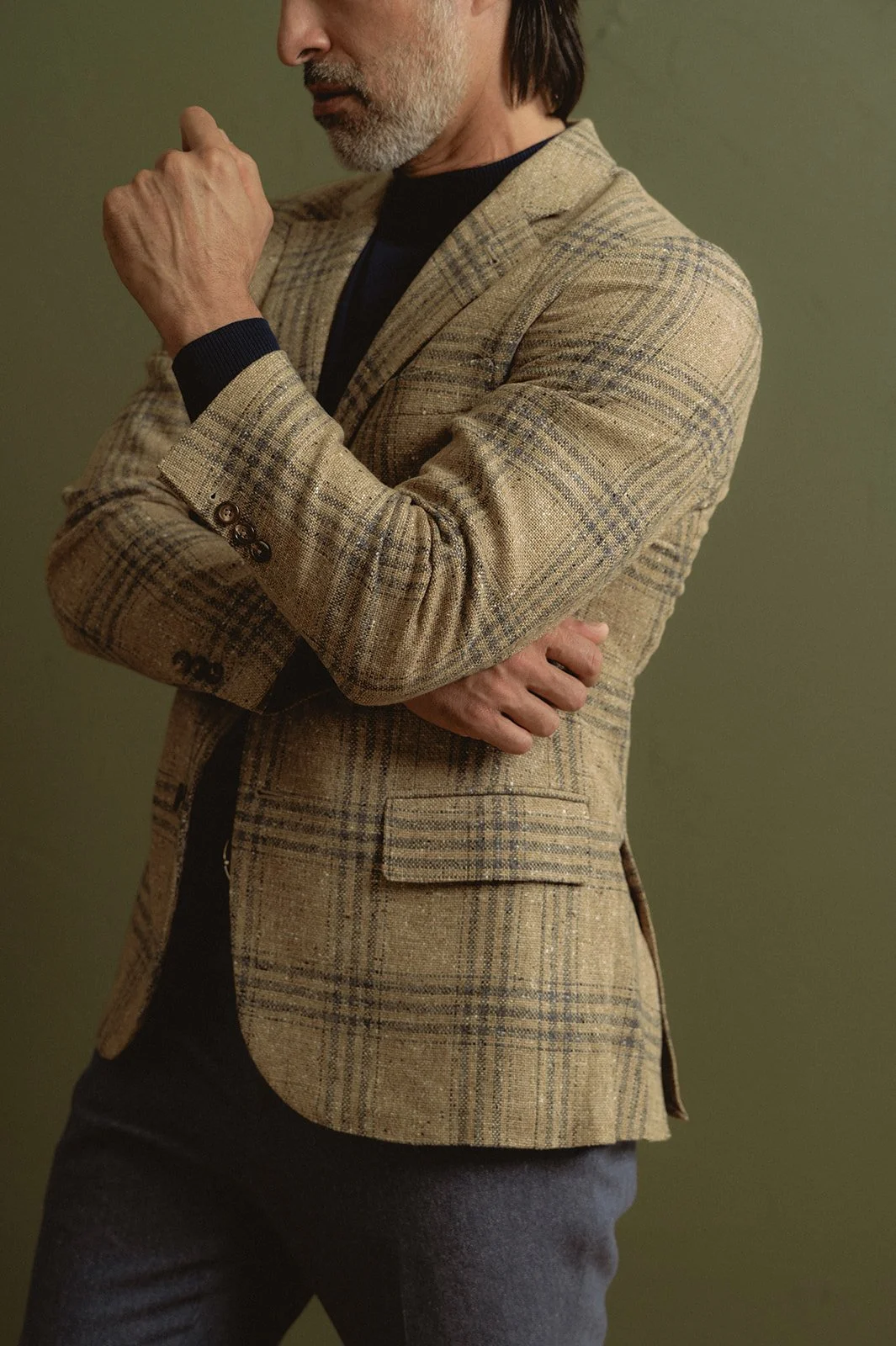 Beaumont tan and blue plaid custom jacket with blue wool trousers