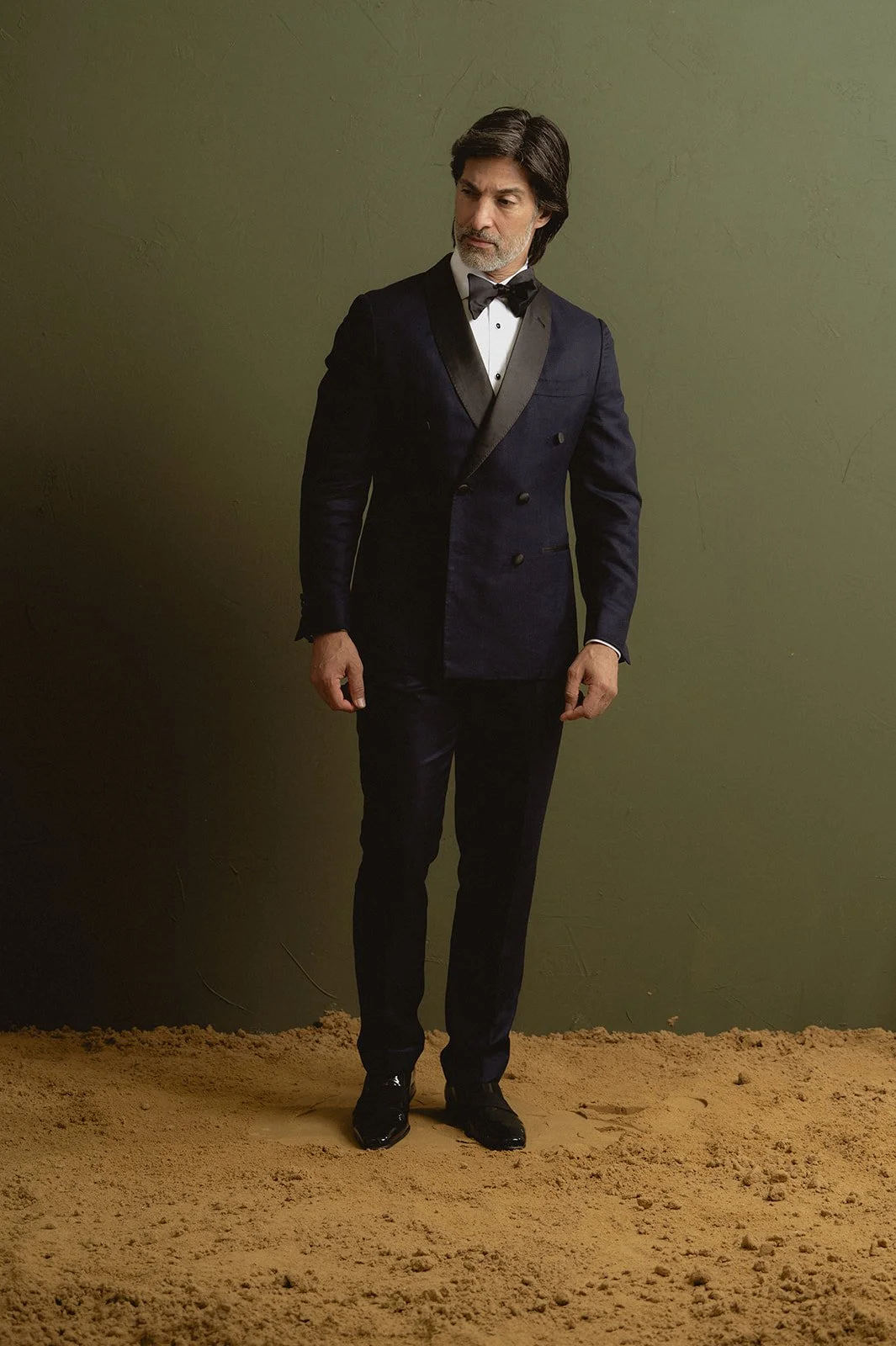 Midnight blue tuxedo with contrasting black satin shawl lapel