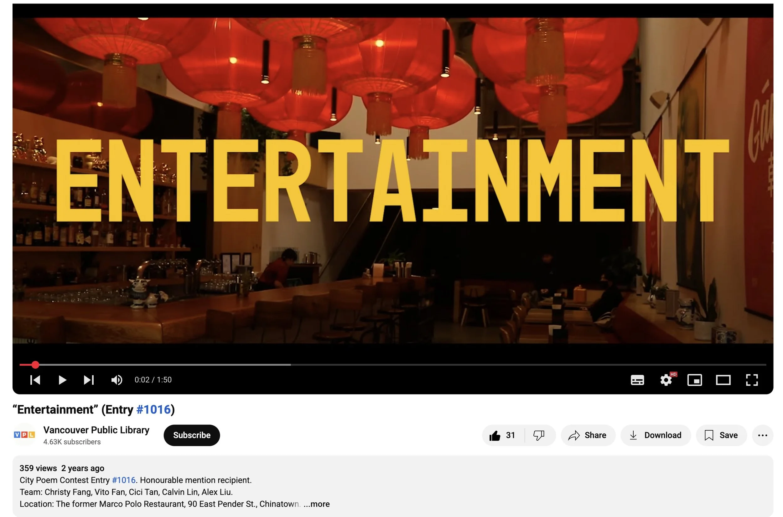 City Poem Contest Entry #1016. Honourable mention recipient. Team: Christy Fang, Vito Fan, Cici Tan, Calvin Lin, Alex Liu. Location: The former Marco Polo Restaurant, 90 East Pender St., Chinatown. SFU IAT 344 (Term Two). Click on image to watch.