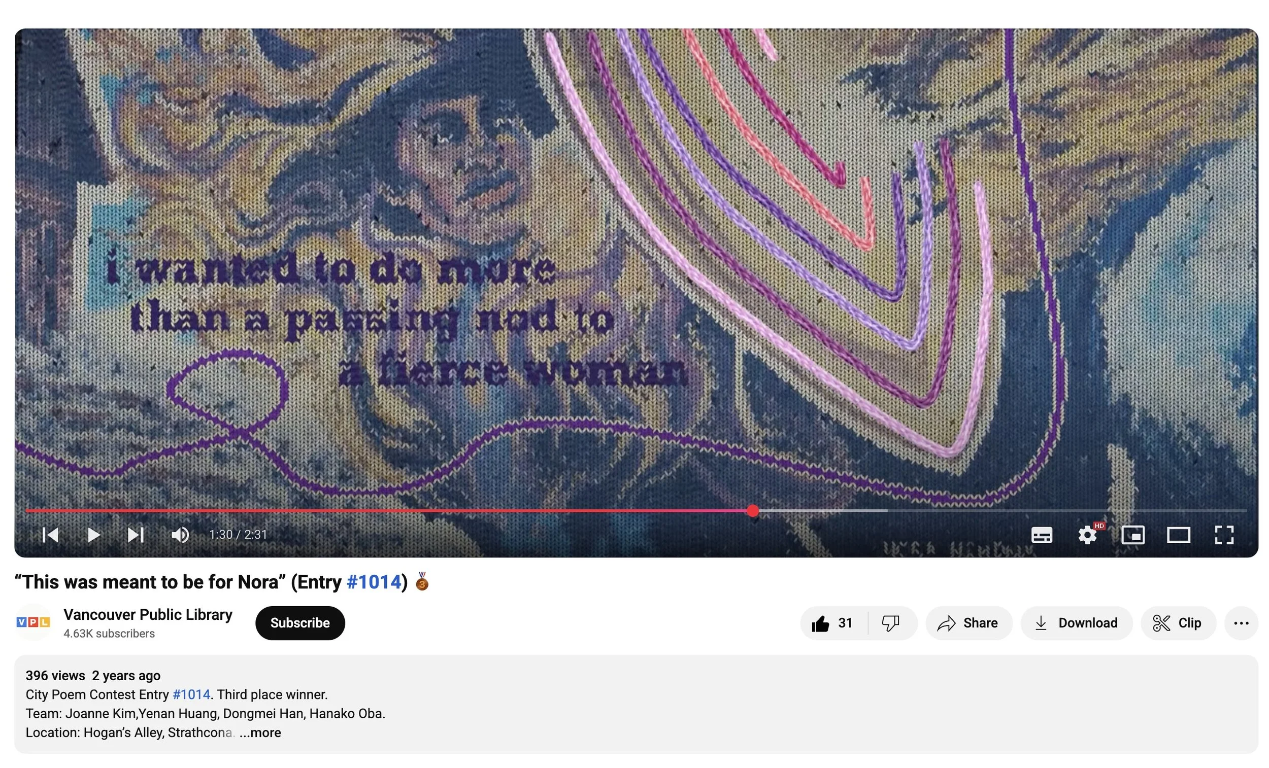 City Poem Contest Entry #1014. Third place winner. Team: Joanne Kim, Yenan Huang, Dongmei Han, Hanako Oba. Location: Hogan’s Alley, Strathcona. SFU IAT 344 (Term Two). Click on image to watch.