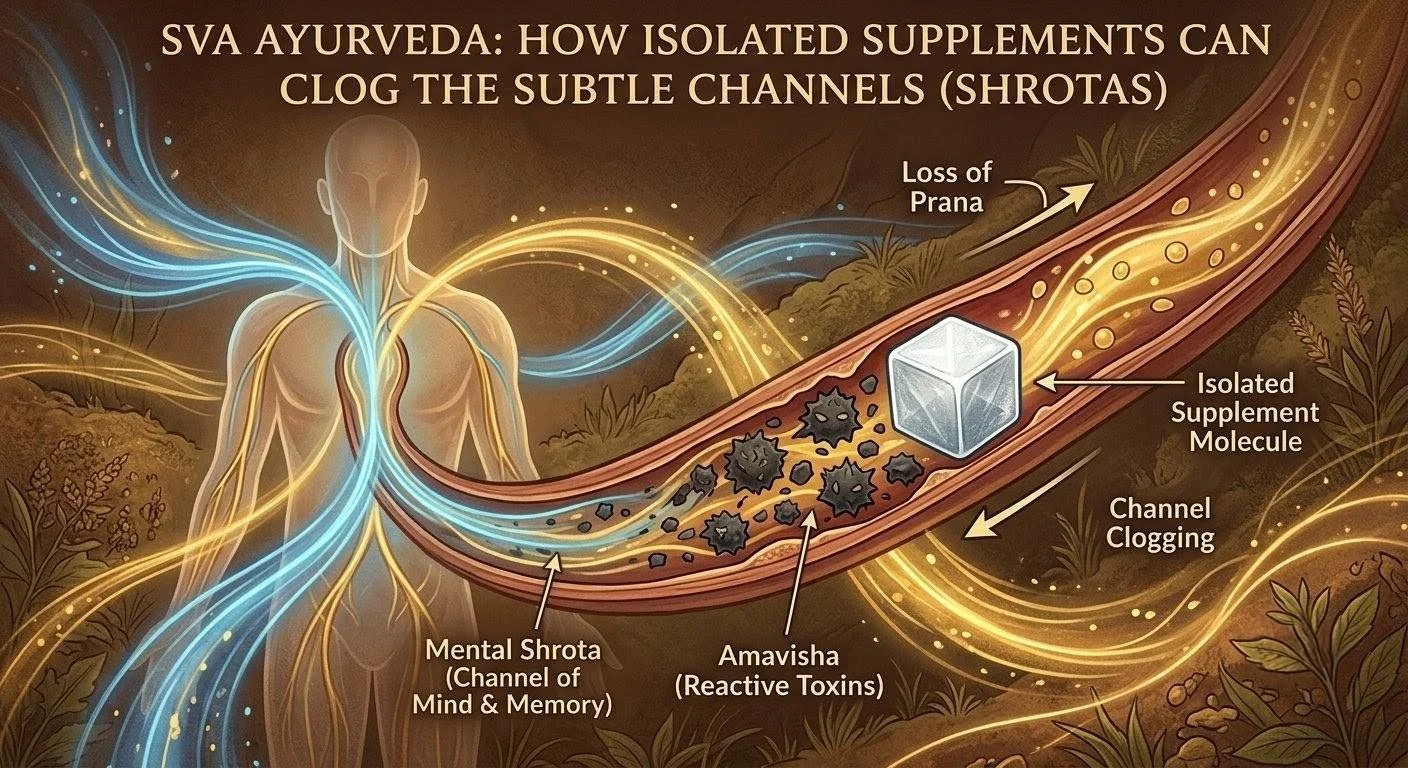 Anatomical illustration of subtle channels (Shrotas) showing prana flow, isolated supplement molecule, and channel clogging from reactive toxins (Amavisha) in the mental Shrota.