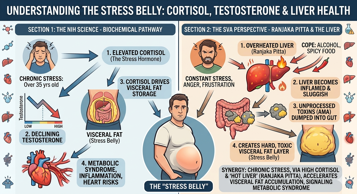 Infographic mapping a stress belly. Shows how chronic stress spikes cortisol and lowers testosterone, causing the liver to dump toxins that store as fat.