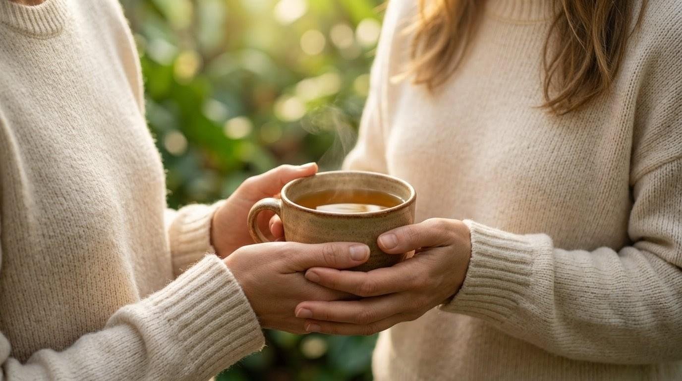 Gentle close-up of two hands holding warm earth-toned mug with fennel tea in natural garden light, symbolizing restoration and self-care for healers.