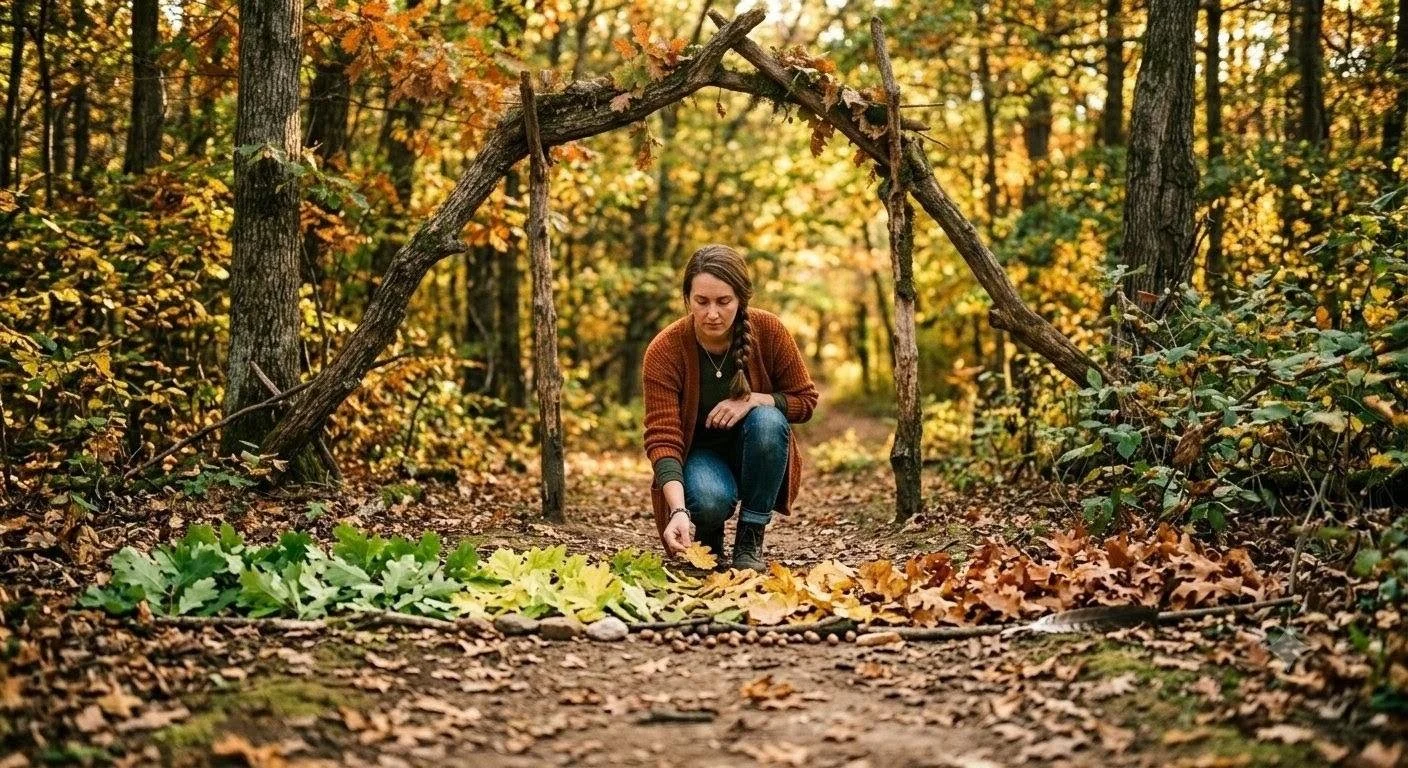 Woman kneeling beside a color gradient altar of gathered leaves arranged in an arc from summer green to autumn gold and rust, beneath a natural branch archway.
