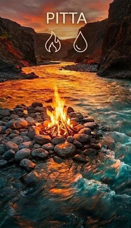 A blazing fire representing Pitta — the force of transformation governed by fire and water elements in Ayurvedic practice