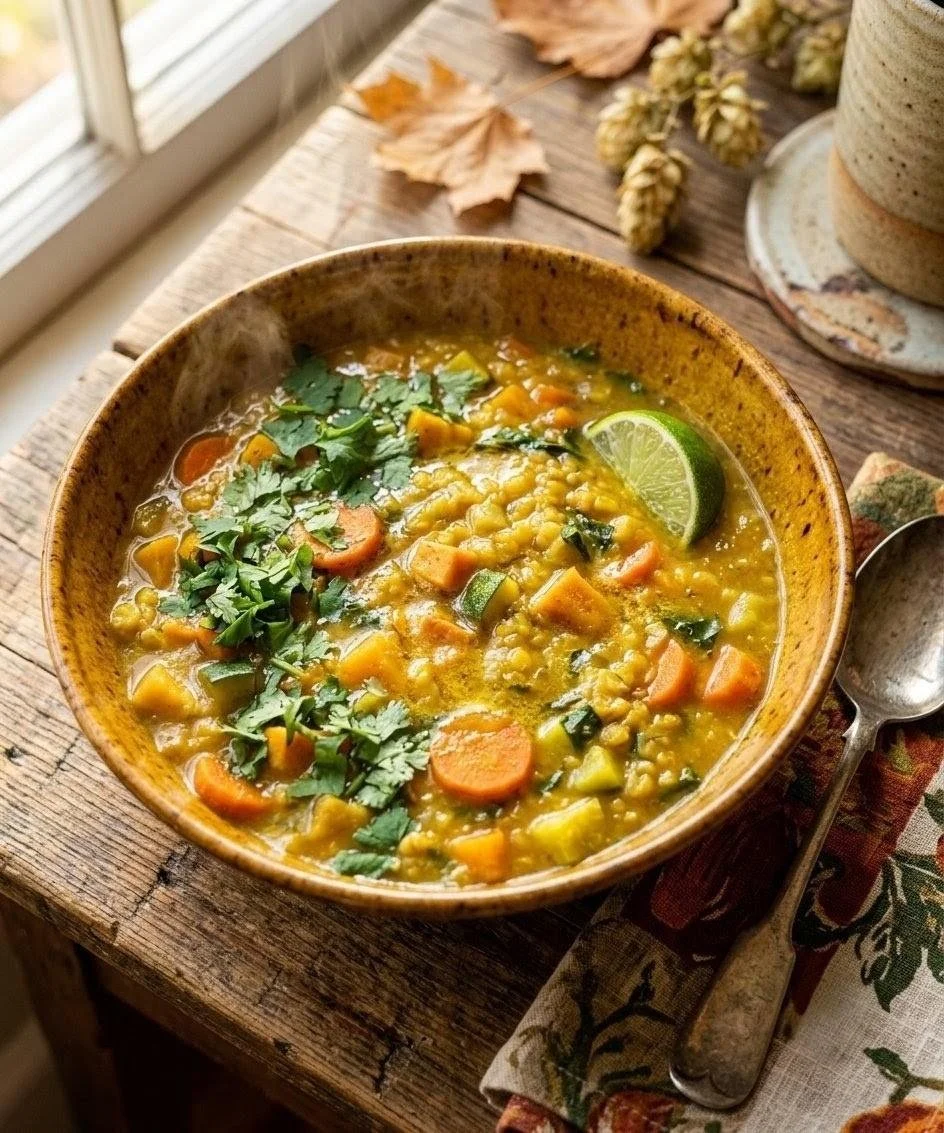 Bowl of veggie rich autumn soup with sweet potato, carrots, greens, and a squeeze of lime, garnished with fresh cilantro, set beside autumn leaves.