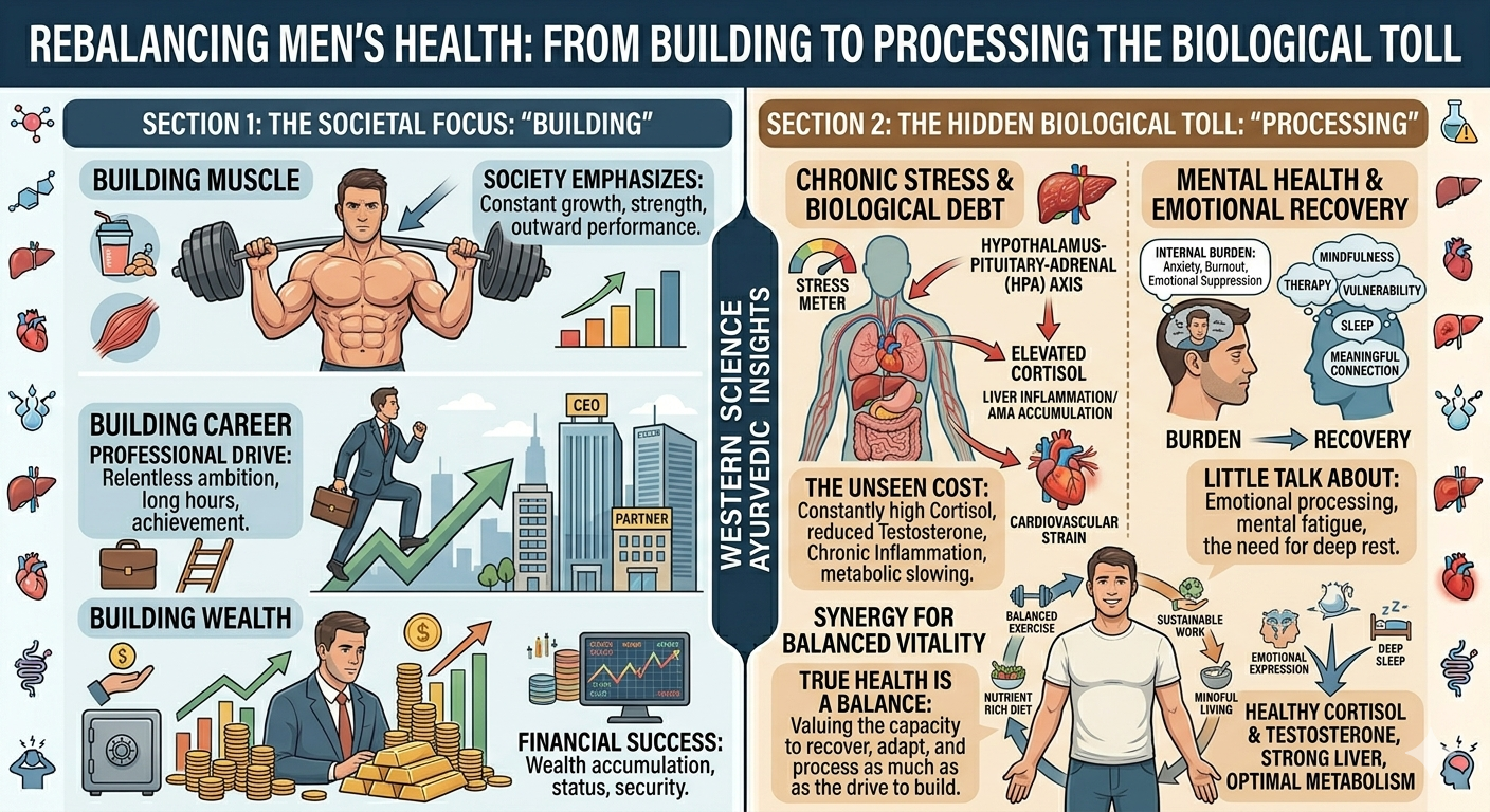 Men's Health infographic. Left: Societal focus on building muscle, wealth, and career. Right: Conquering internal HPA axis stress through mindfulness.