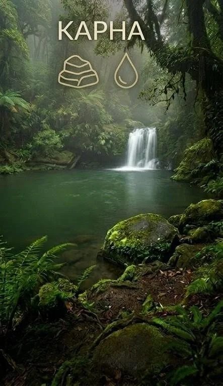 A lush waterfall representing Kapha — the force of structure governed by earth and water, providing the body with form, substance, and endurance