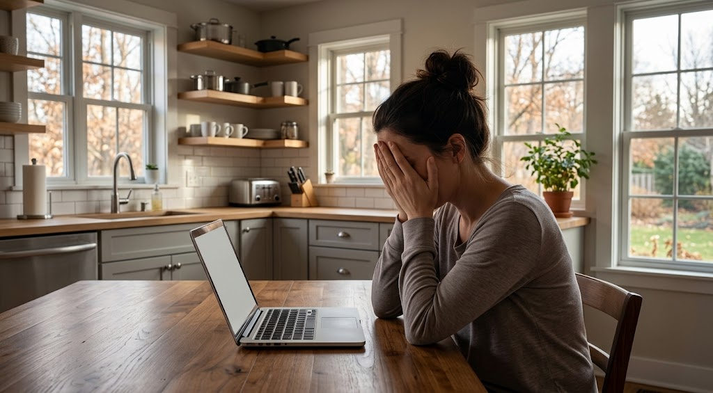 Woman sitting at kitchen table with head in hands next to laptop, CDC fatigue data