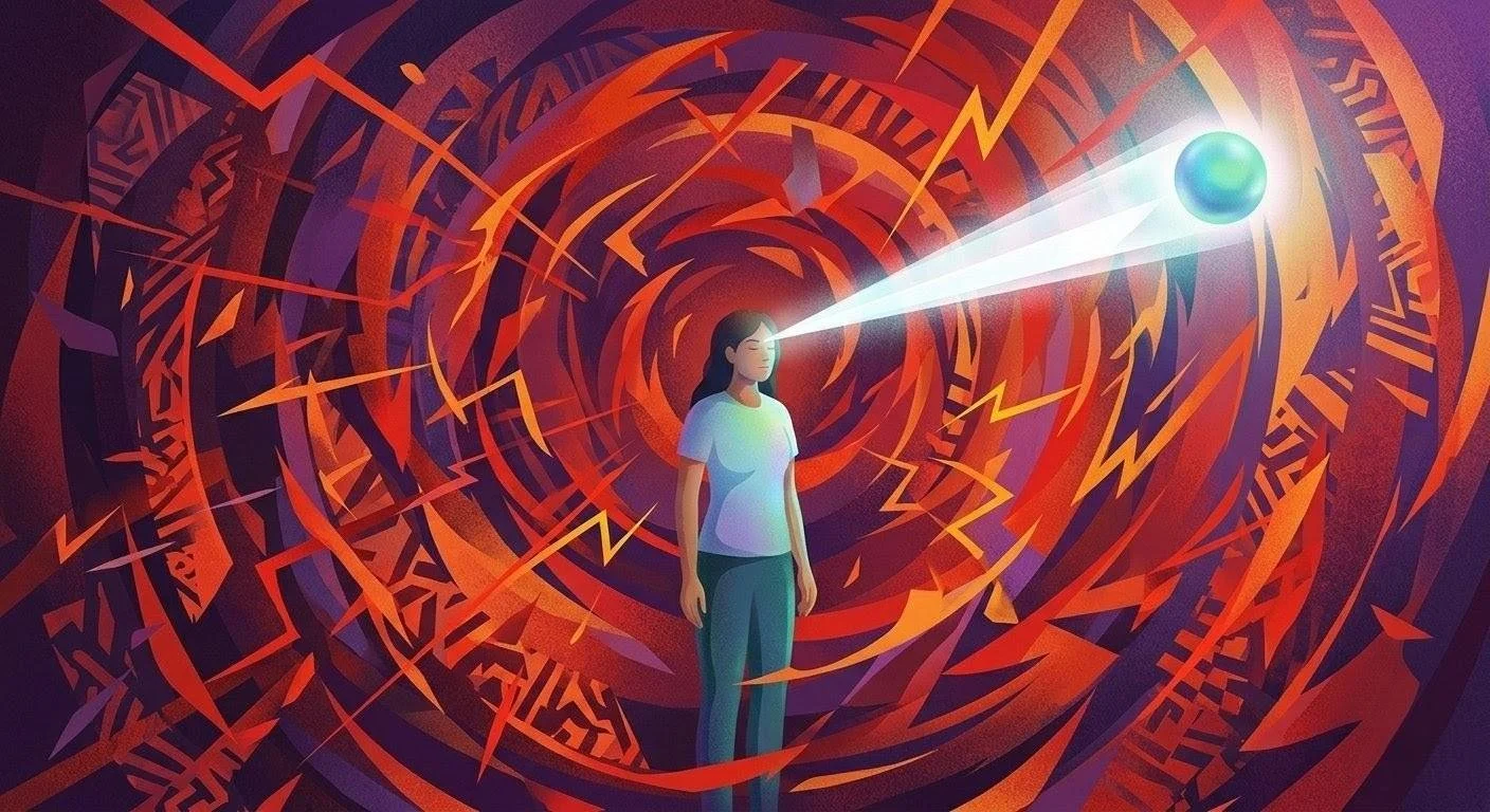 A conceptual illustration of a person using Viveka, the sword of discernment, to respond with clarity rather than reacting with ego.