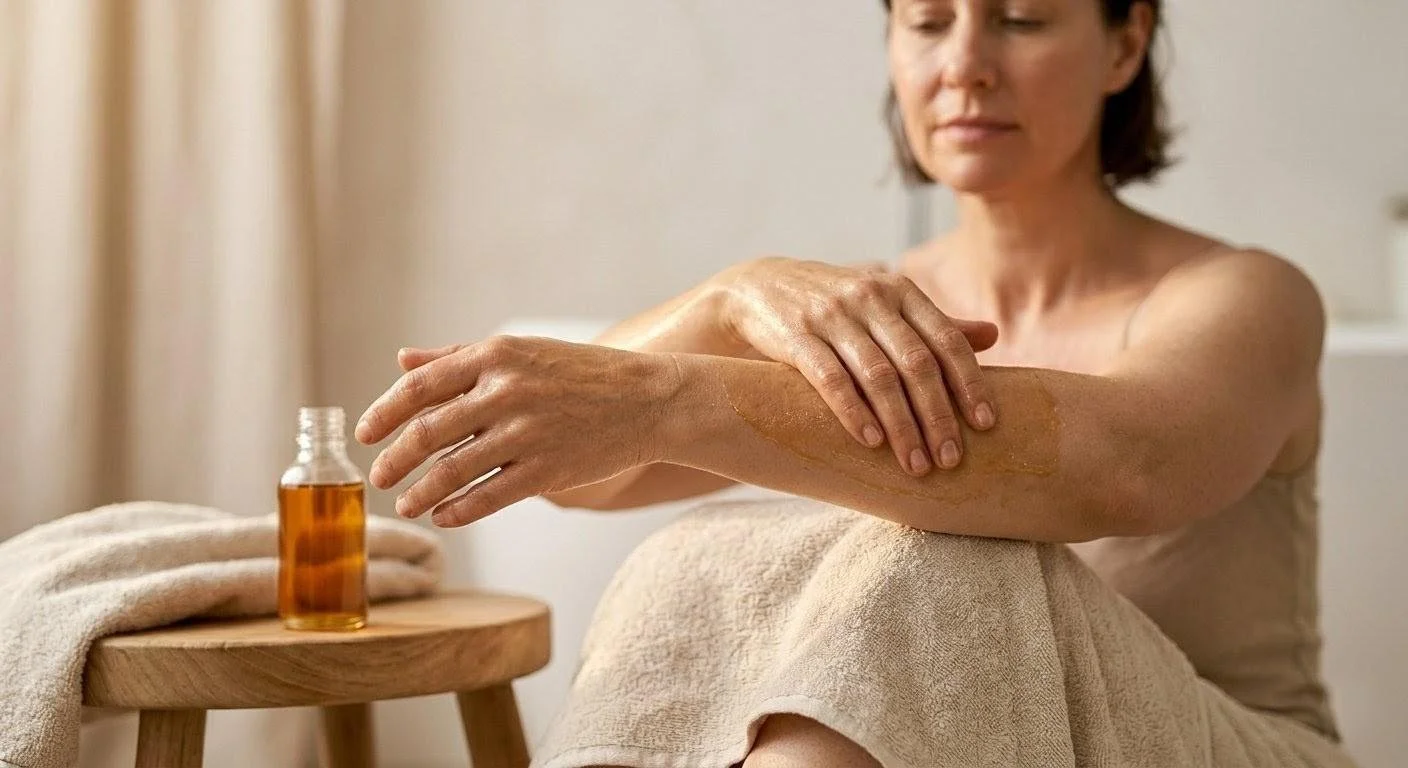 A woman massaging her arm with warm herbal oil during an Ayurvedic Abhyanga self-care ritual, with an amber glass bottle resting on a wooden stool nearby.