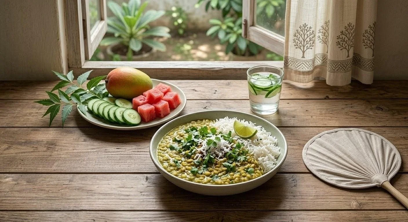 A cooling nourishing meal to address Pitta imbalance — fresh whole foods that clear heat from the liver and digestive system