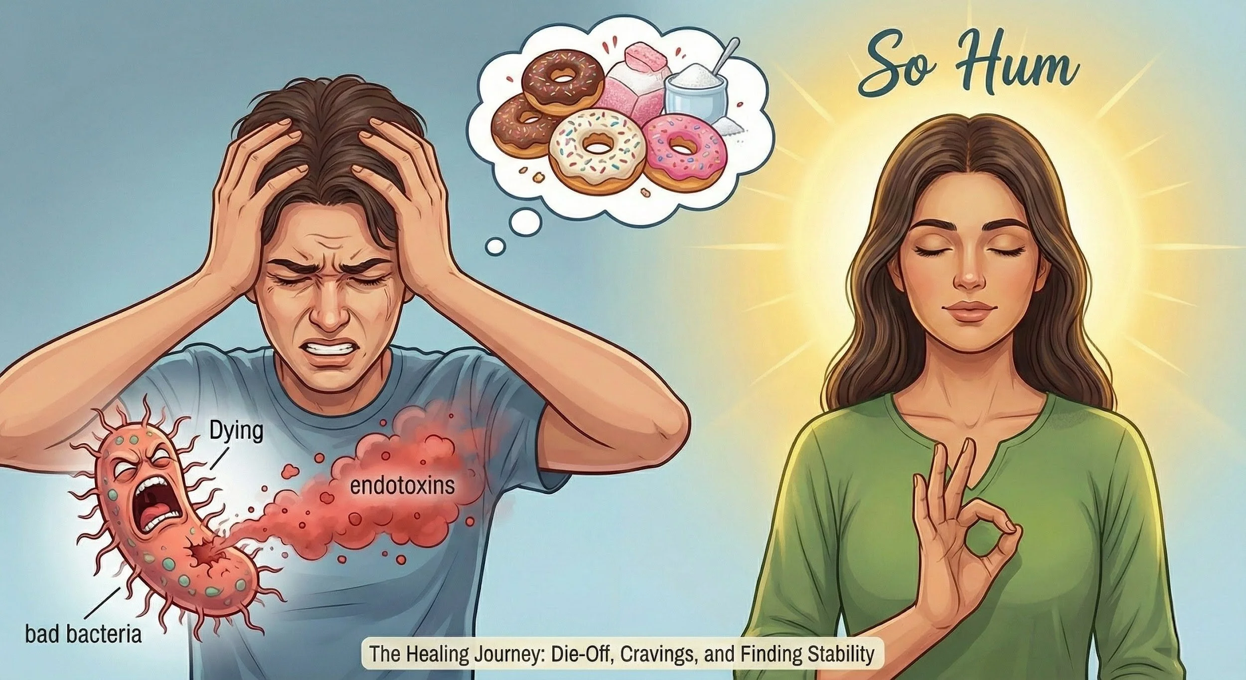 An illustration of the healing journey, showing the struggle with bacterial die-off and cravings contrasted with the peace found through "So Hum" meditation.
