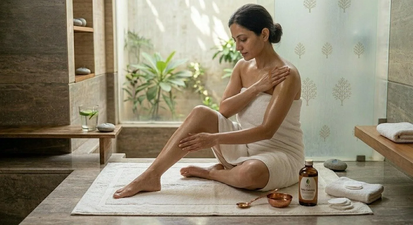 Woman practicing Abhyanga self-massage with SVA Vata Calming oil — the warm oil Snehana ritual that settles the nervous system and grounds an aggravated Vata dosha