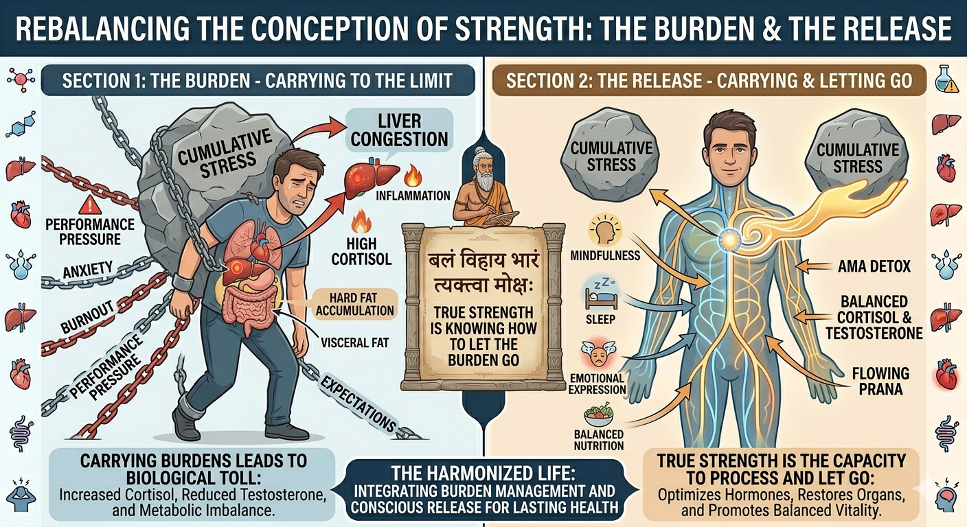 Infographic comparing stress burden to conscious release. Left: A man chained to cumulative stress. Right: A balanced man channeling prana and sleep.