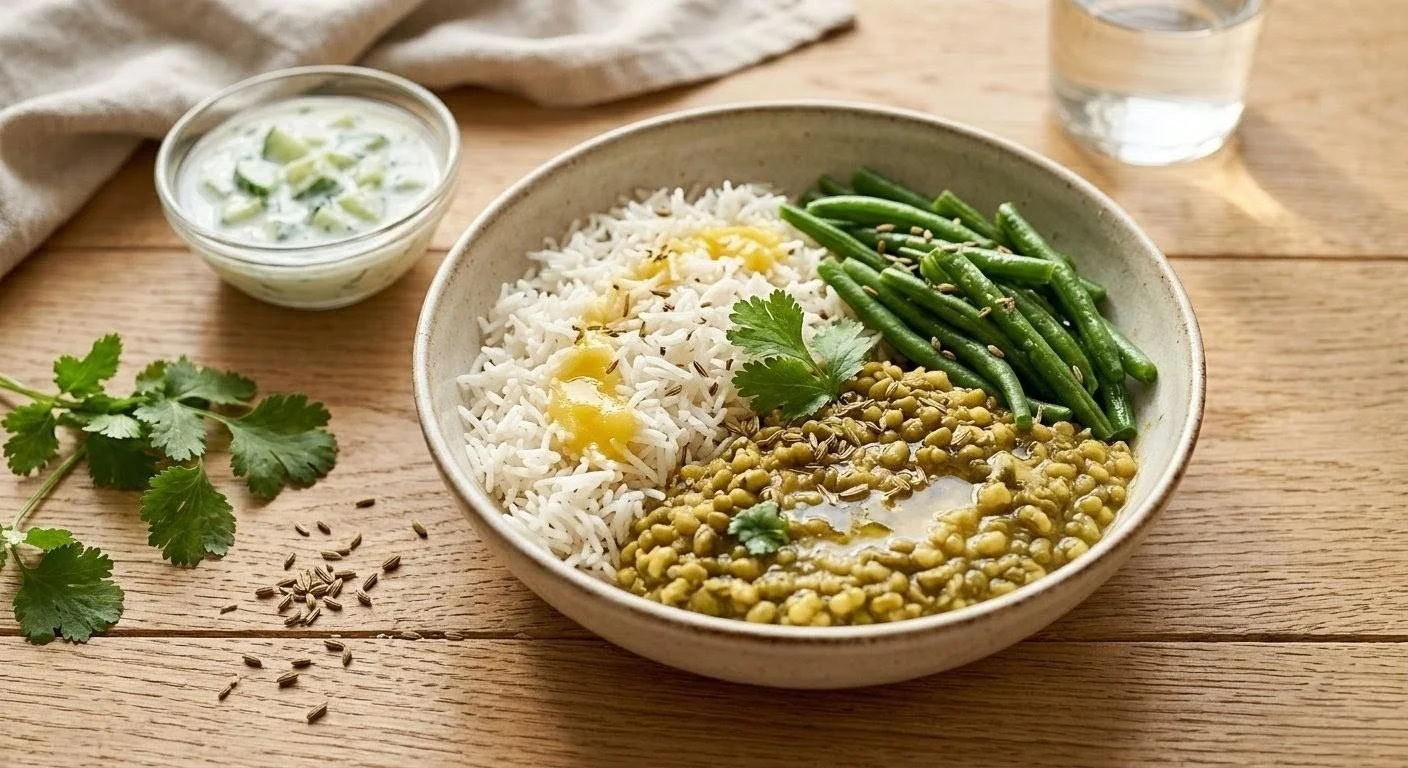 Top-down view of a ceramic bowl filled with Ayurvedic kitchari, yellow mung dal, rice, spiced green beans, ghee, and fresh cilantro on a wooden table.