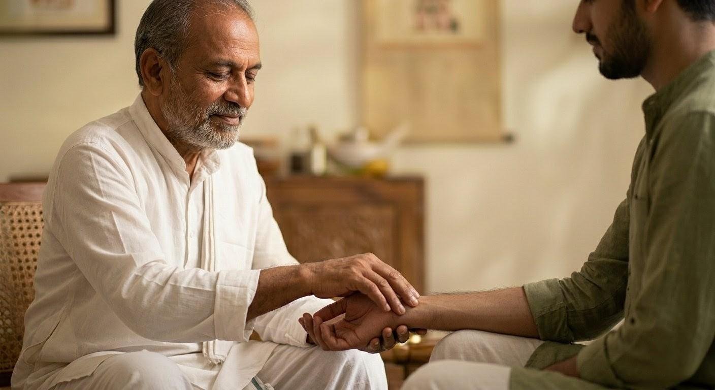 A practitioner reading the pulse through Nadi Pariksha — the ancient Ayurvedic art of pulse diagnosis that reveals your elemental blueprint