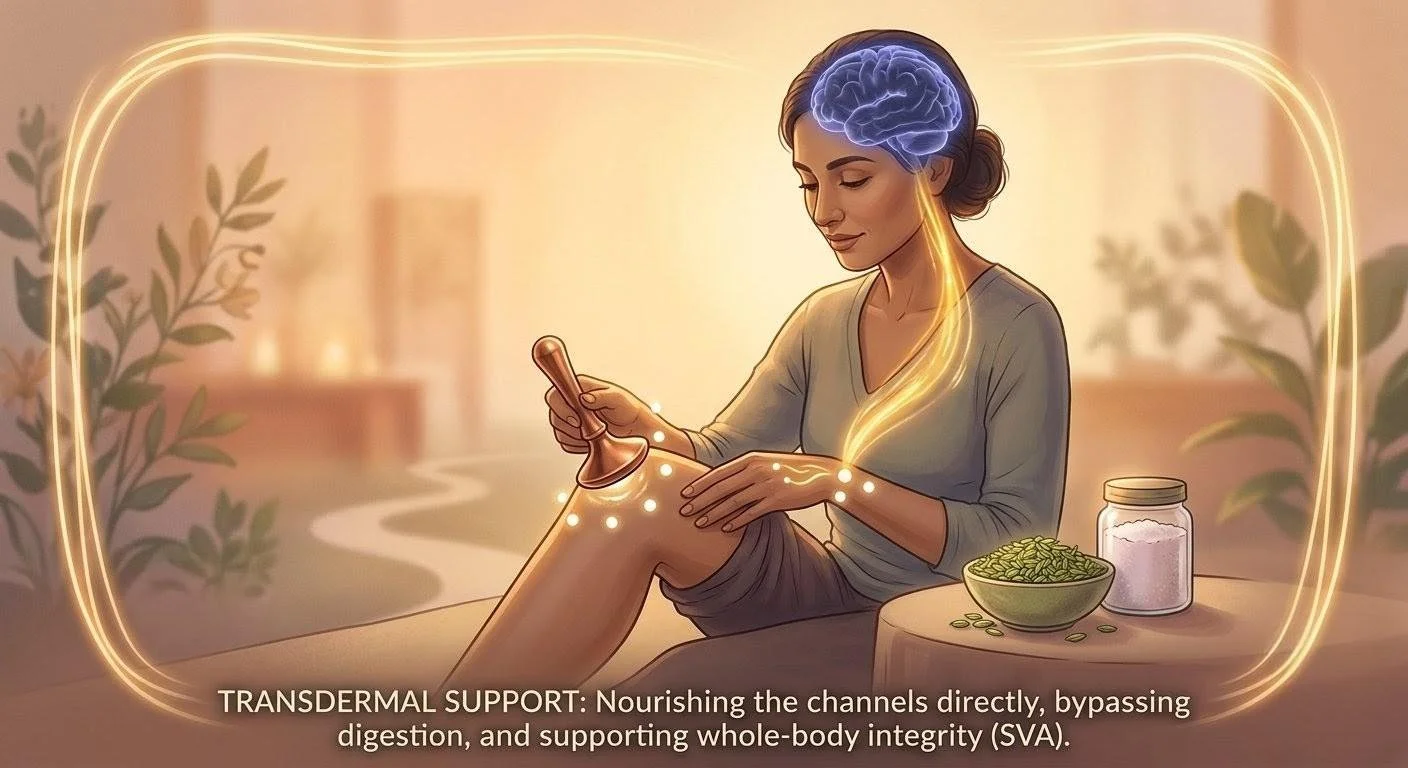 Woman applying herbal oil or Kansa wand to leg with marma points highlighted, showing direct channel nourishment bypassing digestion.