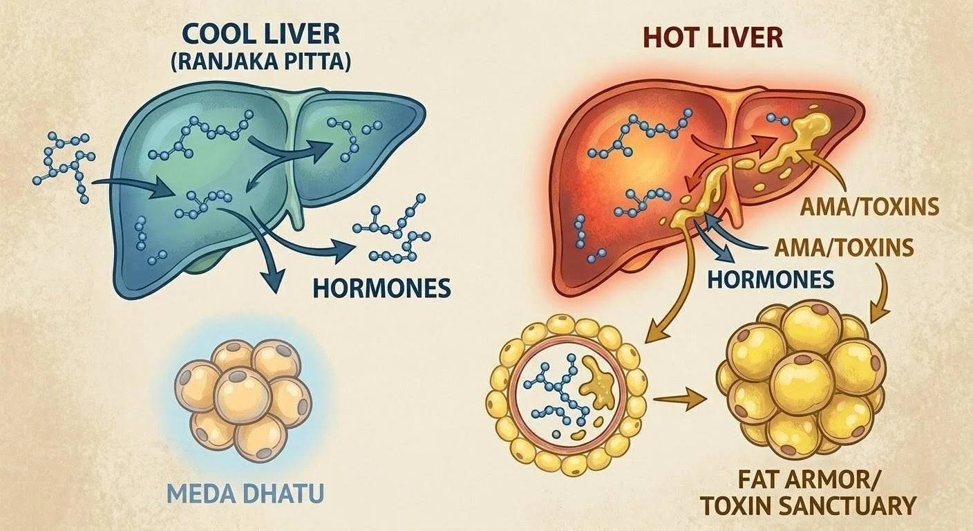 Biological diagram comparing a balanced Cool Liver processing hormones to an overheated Hot Liver dumping toxins that turn into fat armor.